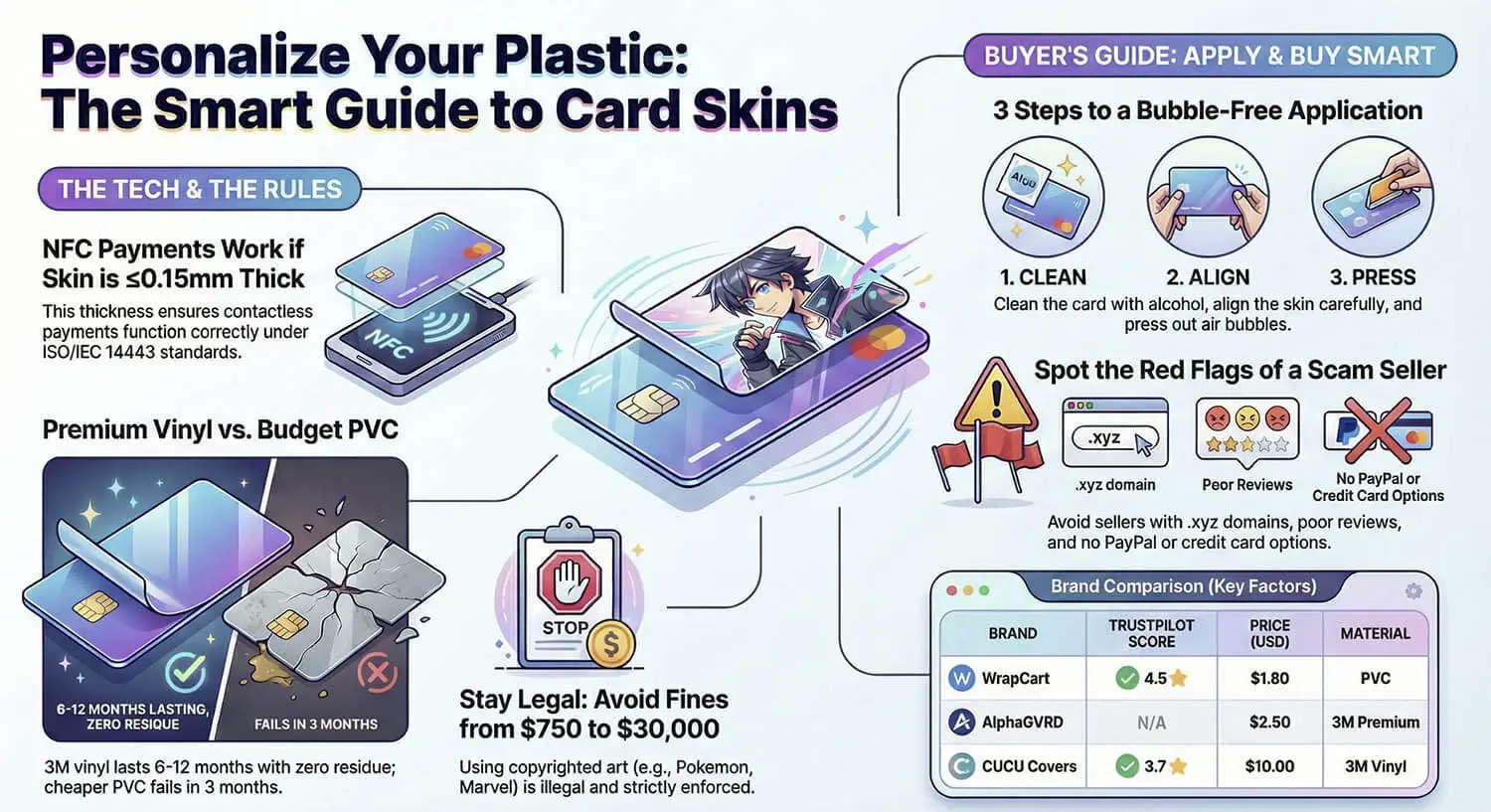 Infografis Panduan Cerdas untuk Skin Kartu - gaya skin kartu kredit anime, langkah aplikasi, dan panduan kompatibilitas NFC