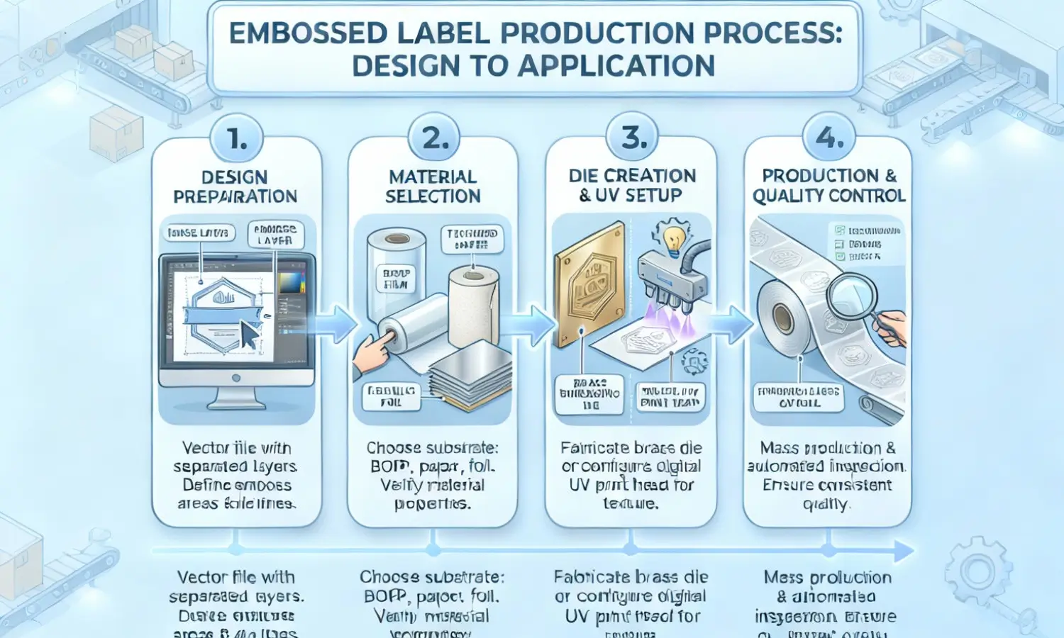 Proses manufaktur label timbul yang lengkap Alur kerja produksi label timbul langkah demi langkah dari desain hingga aplikasi
