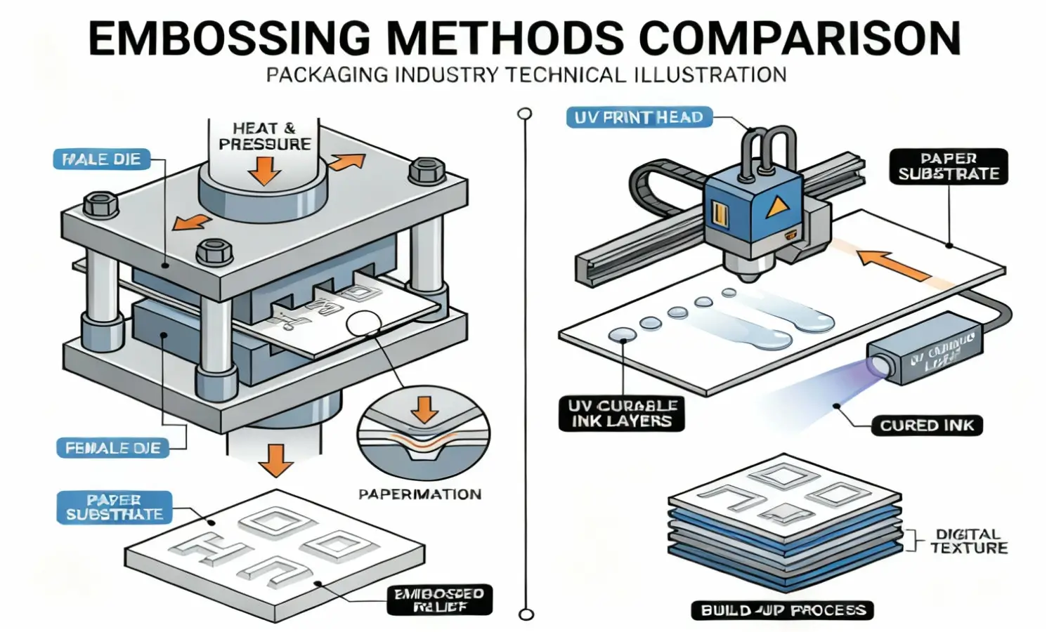 Dua metode utama untuk membuat efek label timbul Diagram perbandingan embossing mekanis vs embossing UV digital