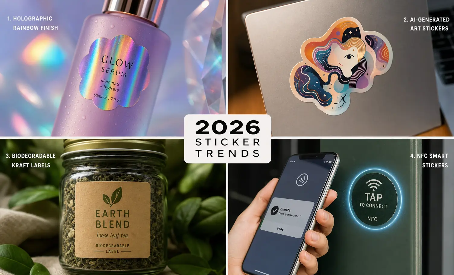 2026 sticker trends: holographic finishes, AI-generated art, eco materials, and smart NFC labels Mood board showing holographic sticker finish, AI-generated sticker art, biodegradable label, and NFC smart sticker