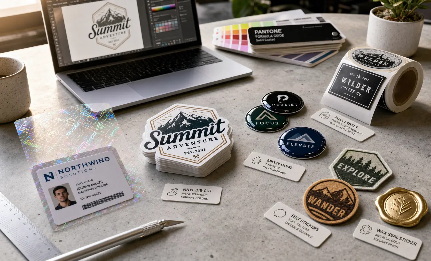 Custom stickers in various types: die-cut vinyl, holographic overlays, epoxy domes, and specialty finishes Assortment of custom stickers including die-cut vinyl, holographic, epoxy, and specialty types on a clean workspace