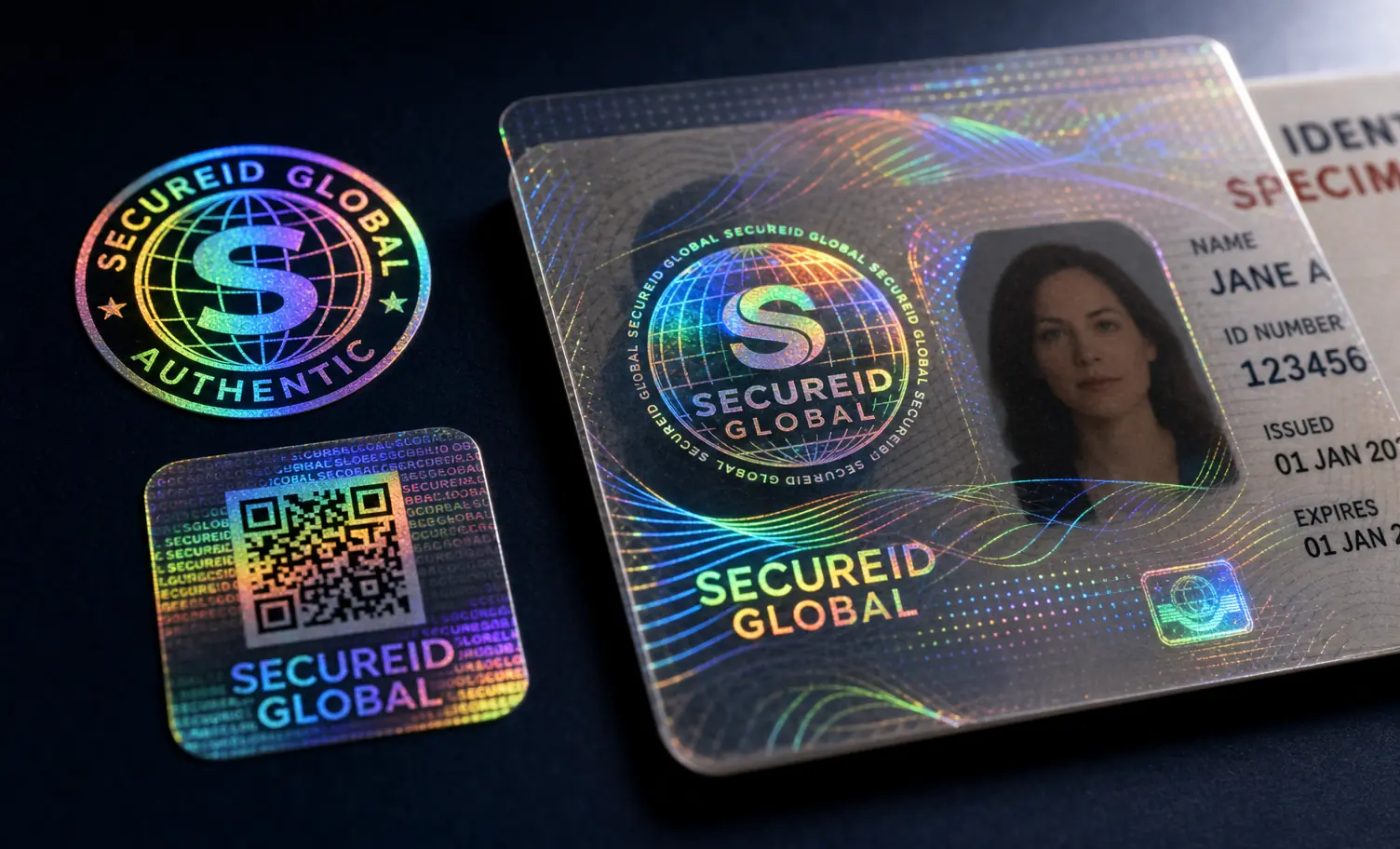Holographic security overlays and custom hologram stickers showing OVD light-diffraction effects Holographic ID overlay and custom hologram stickers displaying rainbow light-diffraction patterns