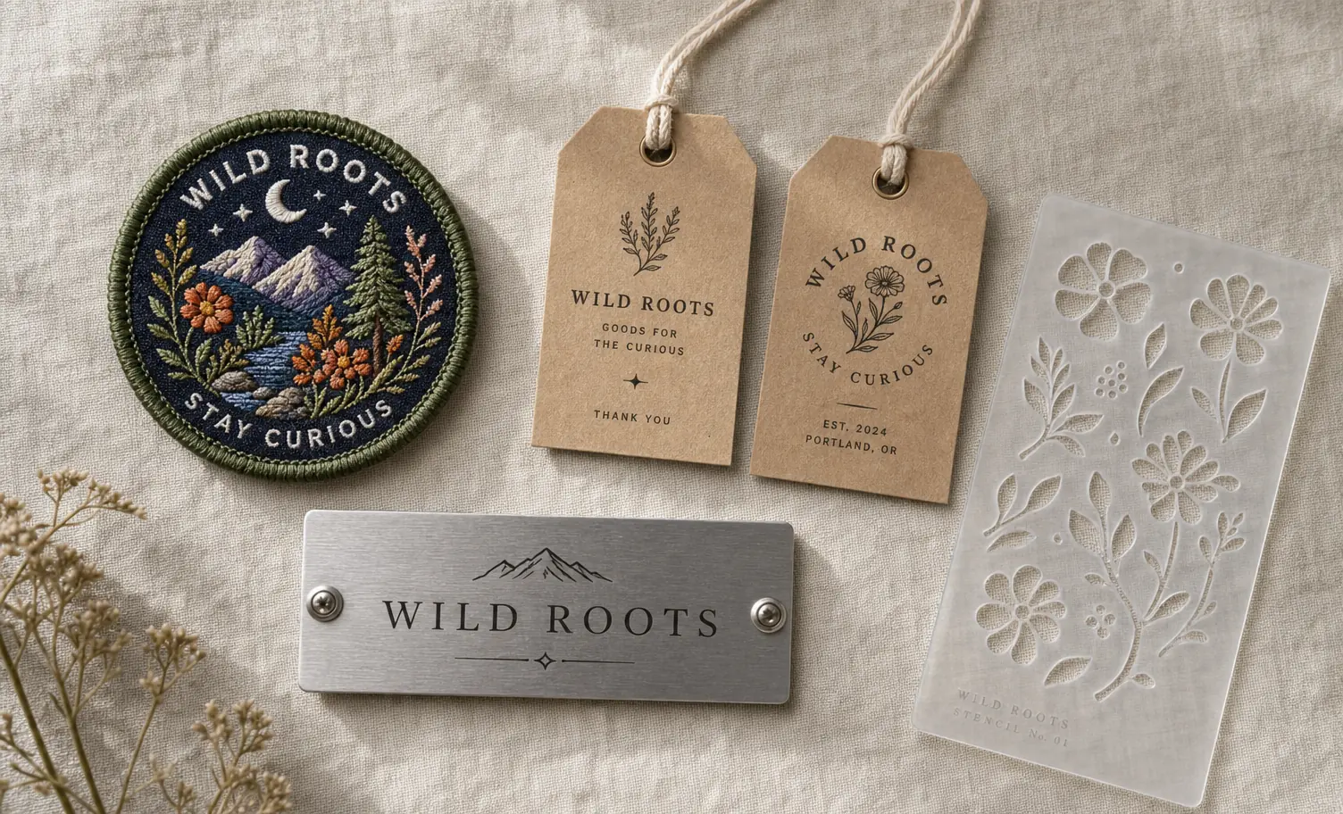Non-traditional custom labels: embroidered patches, metal nameplates, custom tags, and stencils Embroidered patches, custom hang tags, metal labels, and stencil templates arranged on fabric background