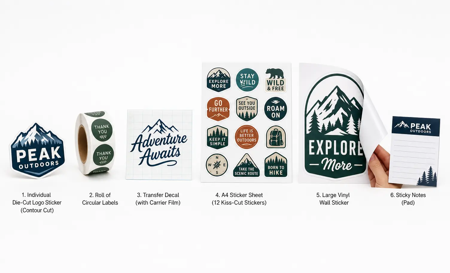 Vinyl-based custom stickers including die-cut, roll labels, transfer decals, and sticker sheets Row of vinyl-based custom sticker types: die-cut stickers, roll labels, transfer decals, sticker sheets, wall decals