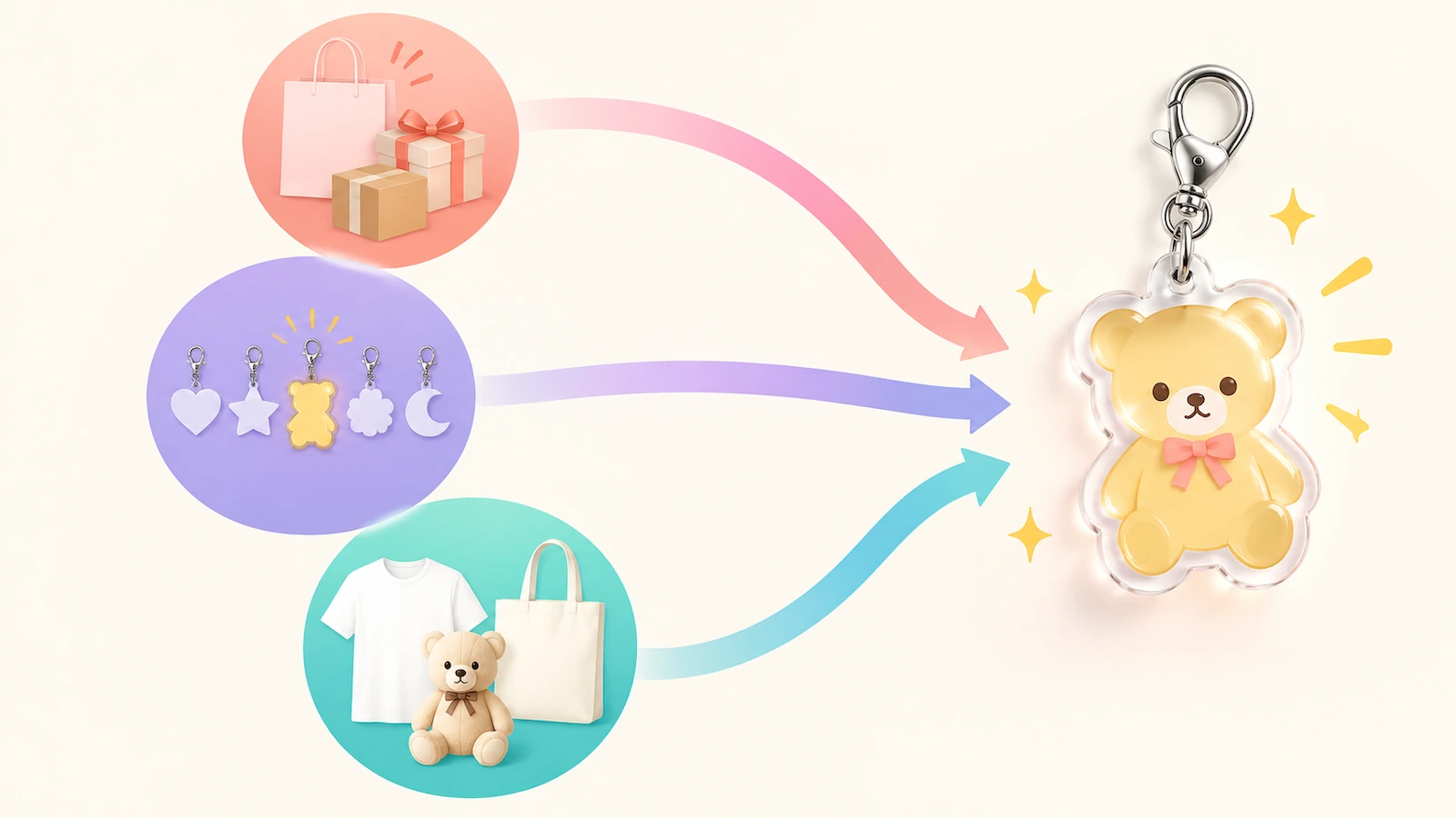 Diagram keputusan dengan tiga lingkaran berwarna untuk saluran distribusi, tujuan koleksi, dan lini merchandise, dihubungkan panah yang menyatu pada satu siluet charm