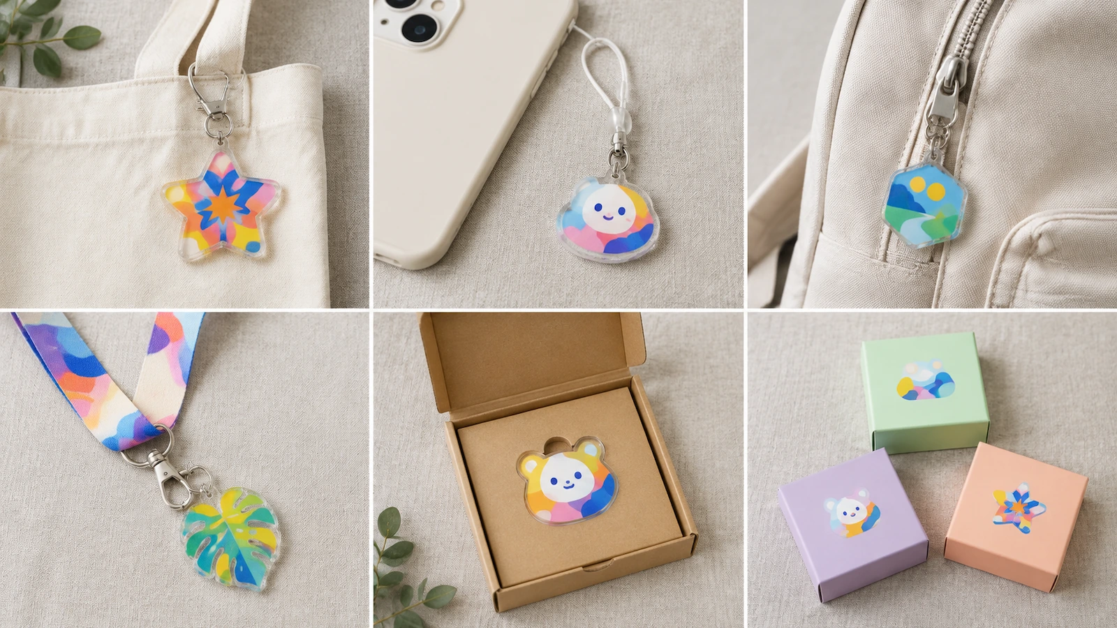 Enam format charm akrilik ditata flat lay: charm pada tali tas tote, charm pada tali ponsel, charm tarikan resleting, charm lanyard, charm datar di dalam kotak mailer yang terbuka, dan blind box tersegel