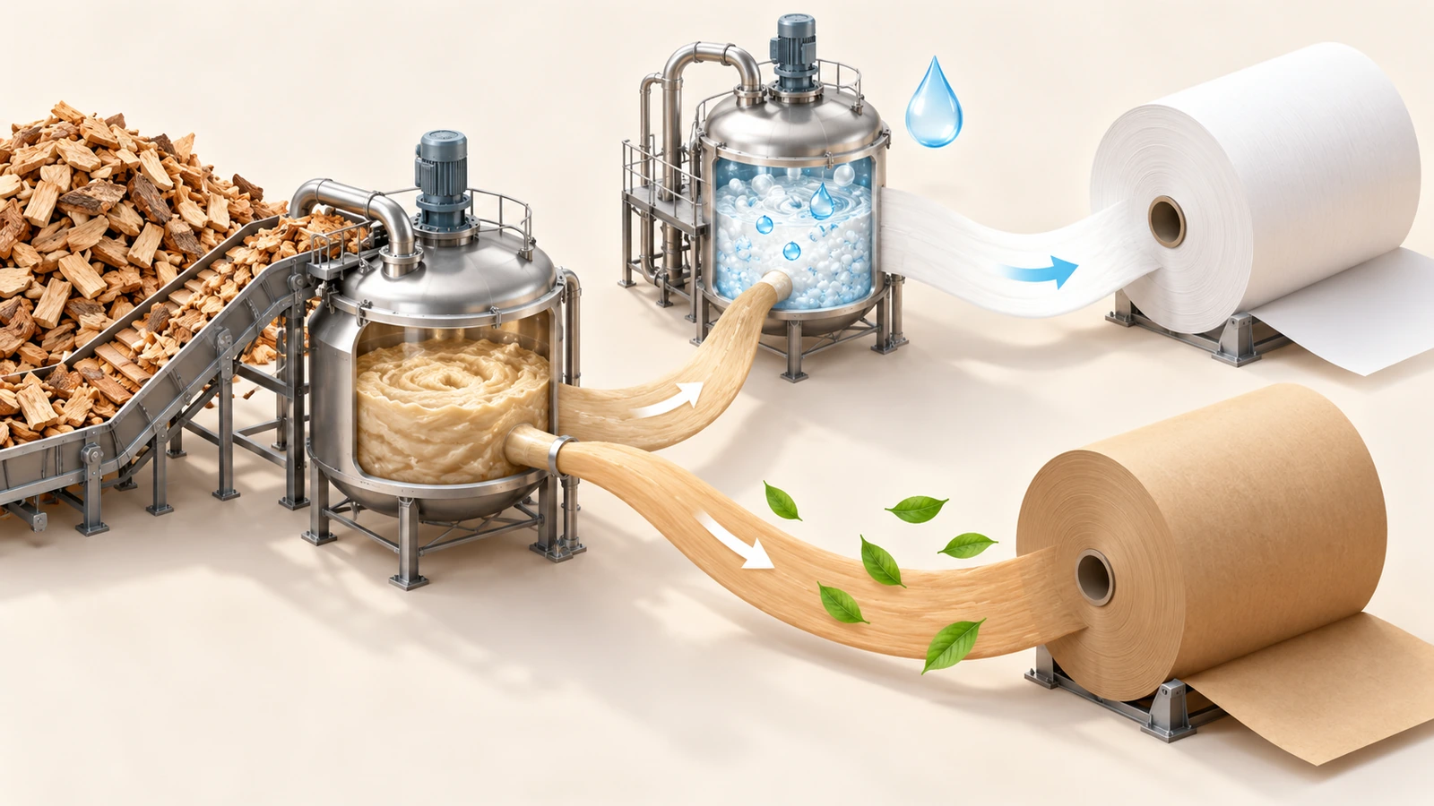 Ilustrasi satu aliran pulp kraft yang bercabang menjadi dua jalur, satu langsung menuju gulungan kraft cokelat dan satu melalui tahap pemutihan tambahan menuju gulungan kraft putih
