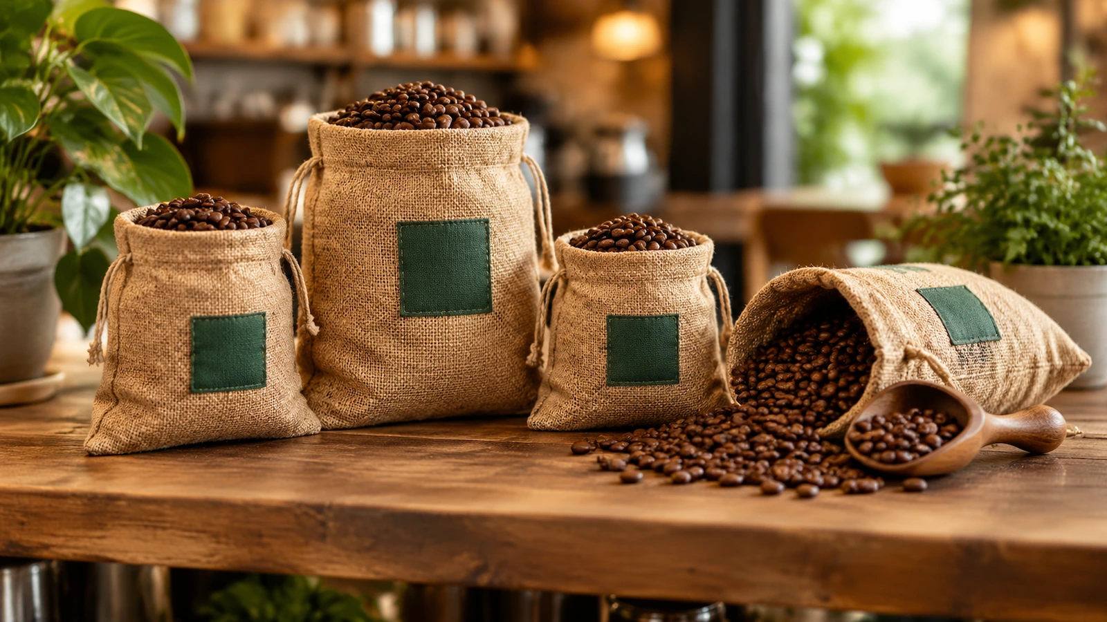 Karung jute alami kecil bertali serut berisi biji kopi sangrai, ditata di rak ritel kayu bergaya rustik