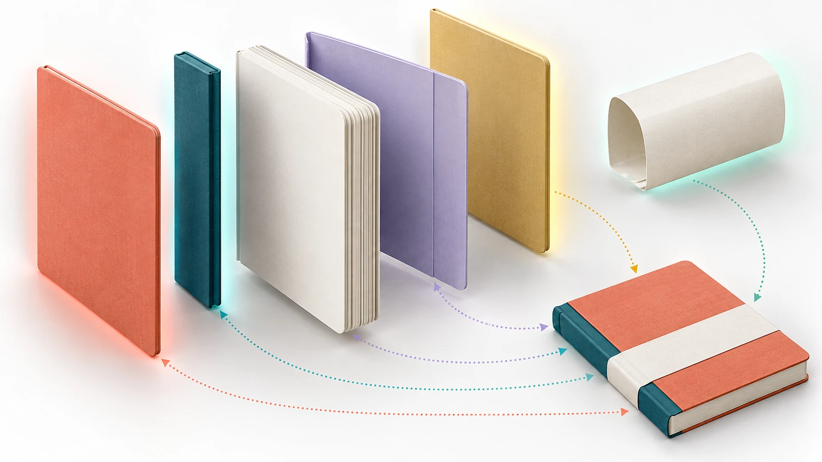 Tampilan terurai buku catatan sampul keras dengan sampul depan, punggung, sampul belakang, sampul dalam, dan pita lepasan yang masing-masing disorot dengan warna berbeda