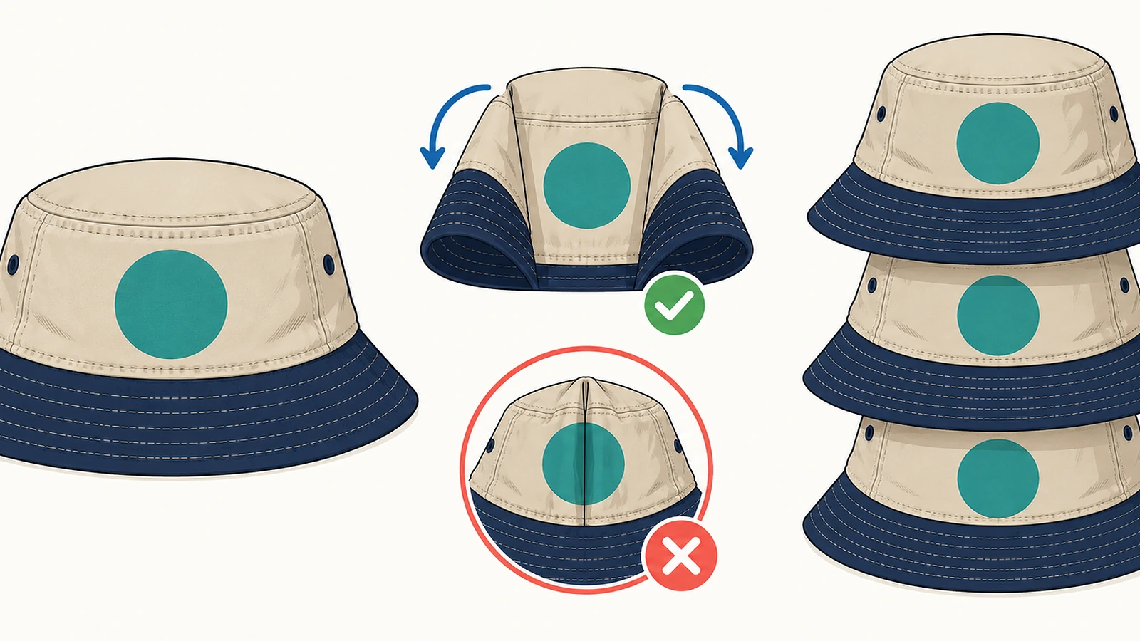 Diagram tiga metode pengemasan topi bucket: terbaring rata, dilipat mengikuti jahitan samping dengan panel depan tetap mulus, dan bersusun mahkota ke dalam mahkota, dengan panah yang menunjukkan arah lipatan