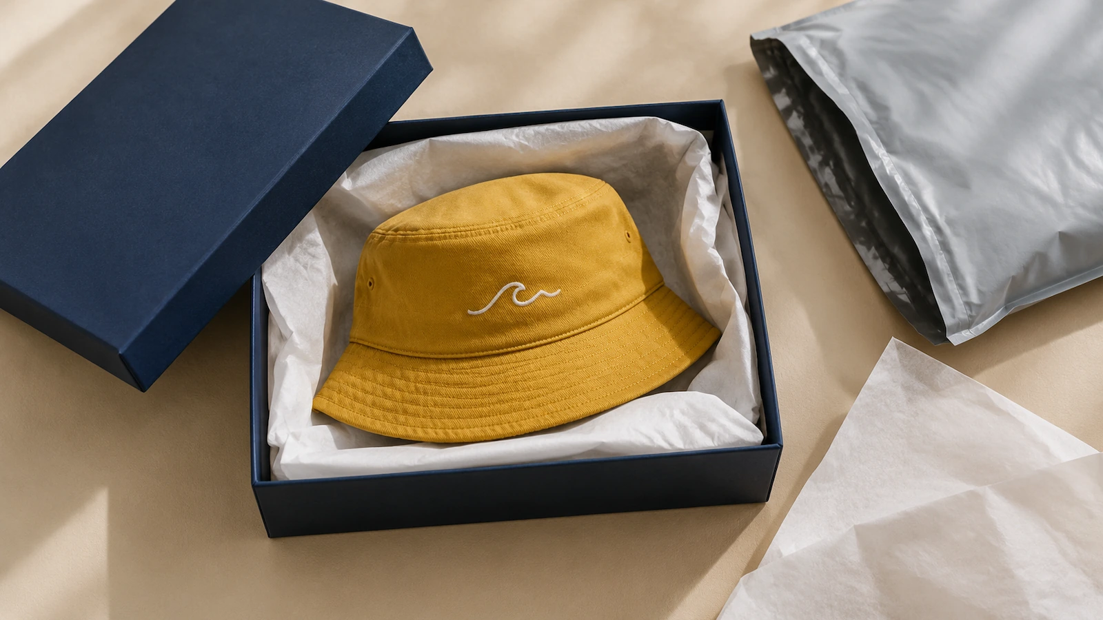 Topi bucket terlipat di atas kertas tisu di dalam kotak hadiah kaku yang terbuka, di samping amplop kirim berbantalan, dengan latar studio netral