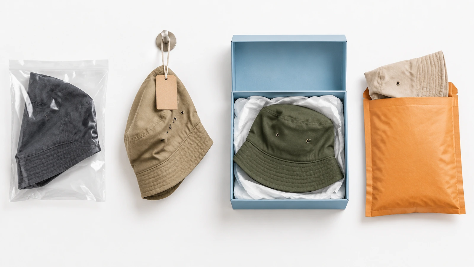 Empat format kemasan topi bucket berdampingan: topi dalam kantong plastik bening, topi dengan label gantung kosong pada peg, topi dalam kotak bermerek terbuka dengan kertas tisu, dan topi terlipat dalam amplop kirim berbantalan