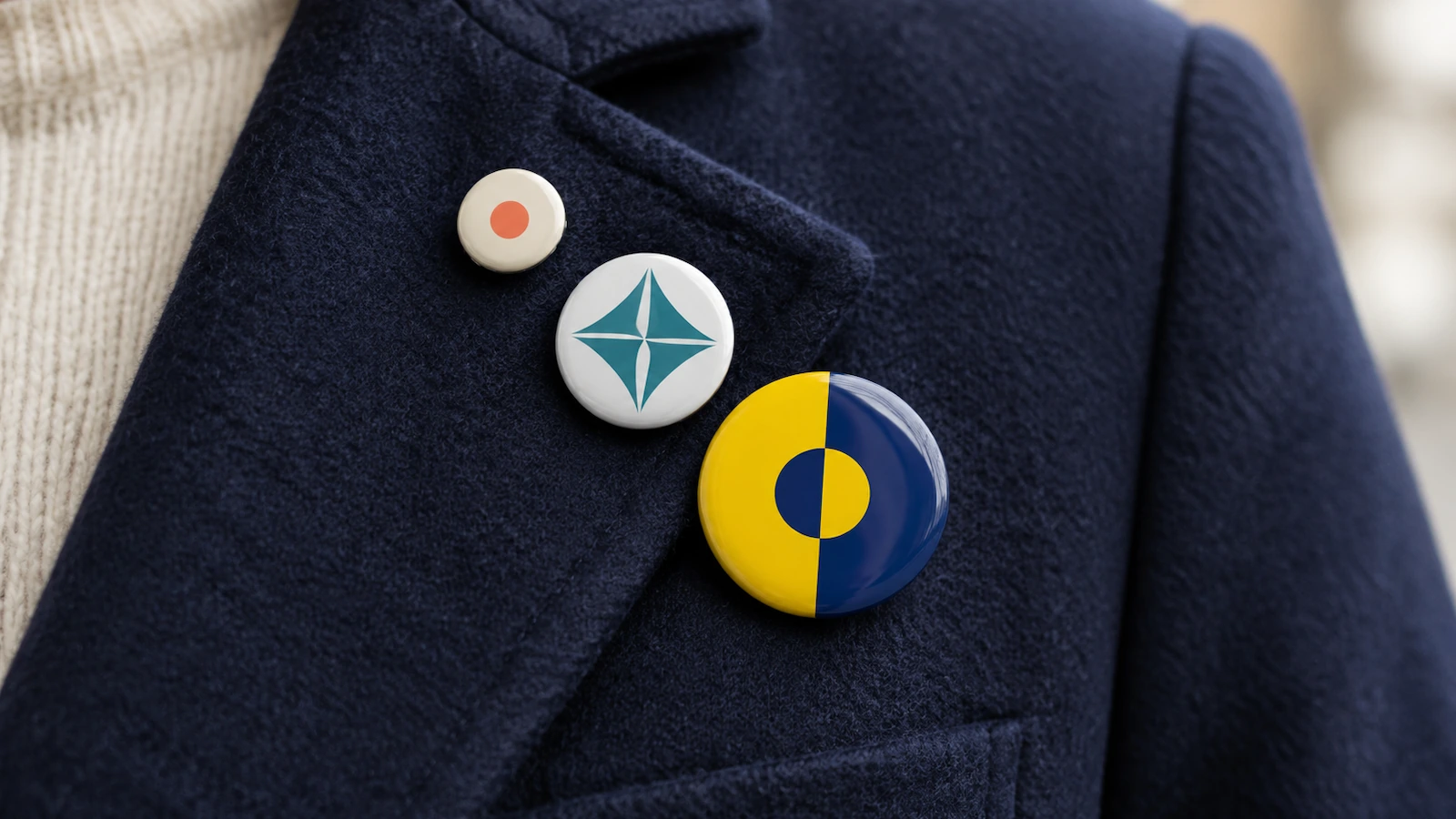 Tiga pin peniti bulat berdiameter kecil, standar, dan besar disematkan berjajar pada kerah jaket biru tua, masing-masing dengan desain blok warna abstrak yang sederhana