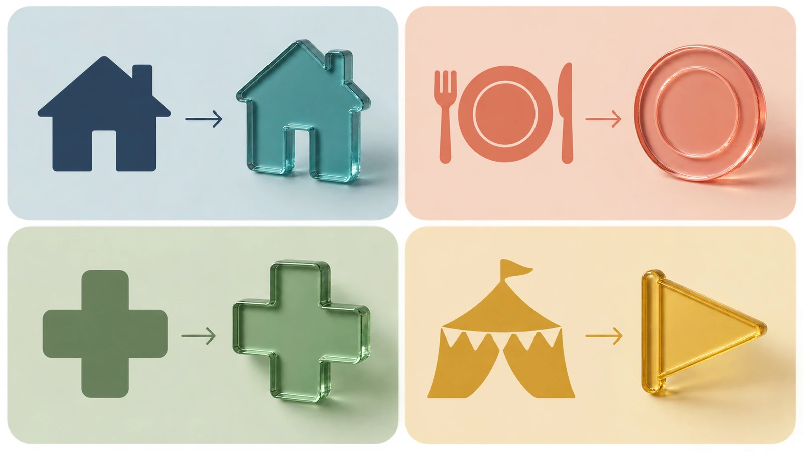 Ilustrasi 4 panel yang memasangkan rumah, piring dan alat makan, tanda silang medis, dan tenda acara dengan bentuk magnet berwarna serasi untuk menunjukkan tujuan kampanye yang berbeda