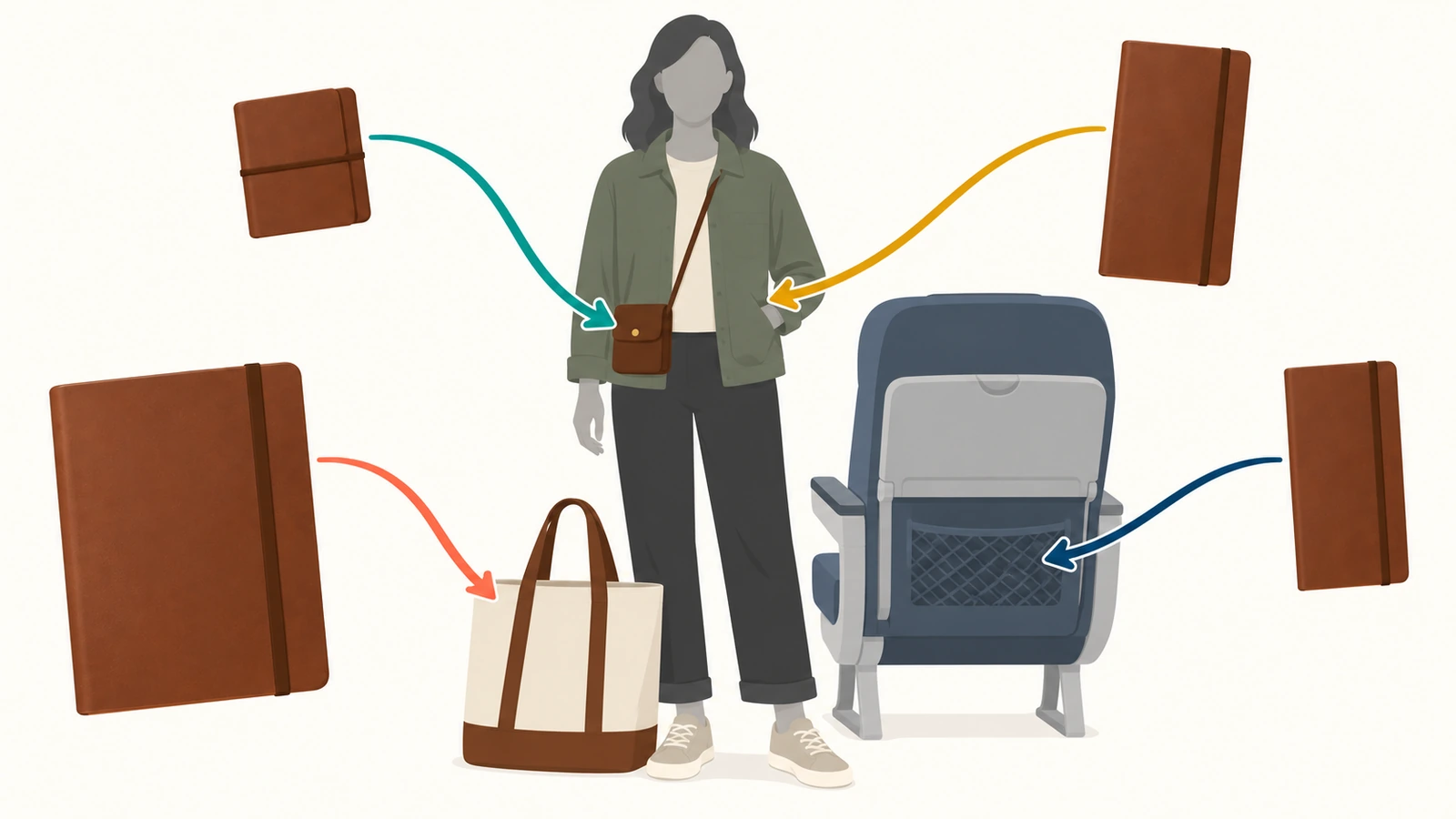Ilustrasi siluet pelancong dengan panah berwarna yang menghubungkan berbagai ukuran jurnal dengan saku jaket, tas selempang, saku sandaran kursi, dan tas jinjing