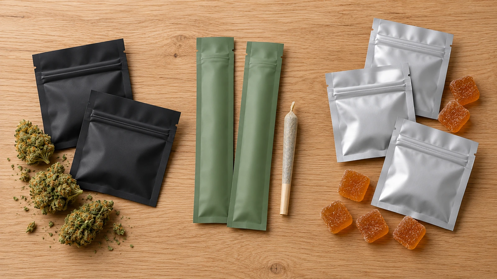 Tiga kelompok kantong Mylar datar matte yang diurutkan menurut lini produk: sampel bunga kanabis, pre-roll tunggal, dan gummy yang dosisnya per butir