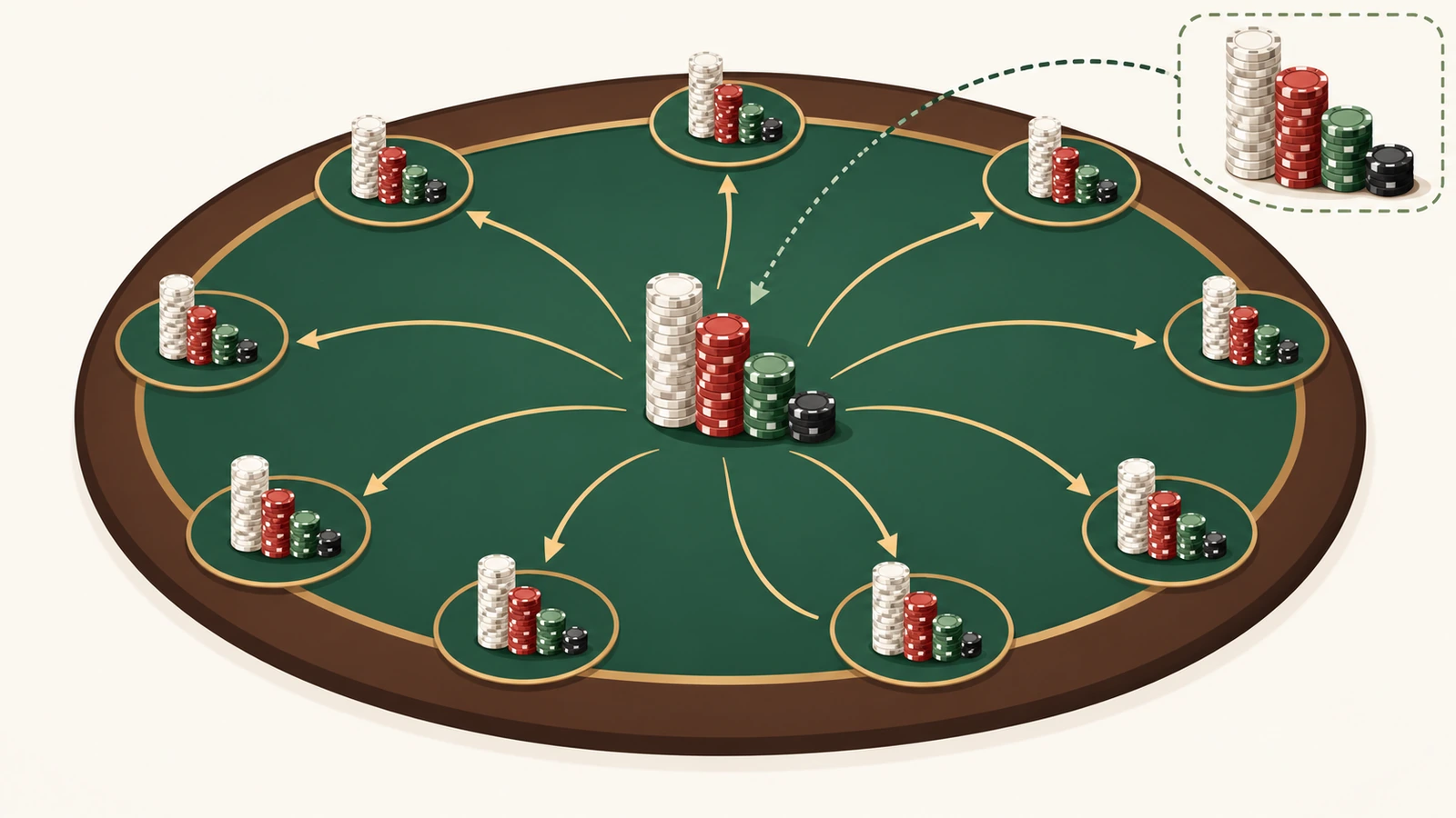 Diagram bank chip dengan menara chip berbeda tinggi per denominasi, panah membagikan stack awal yang sama ke kursi pemain, dan menara cadangan yang ditahan untuk rebuy