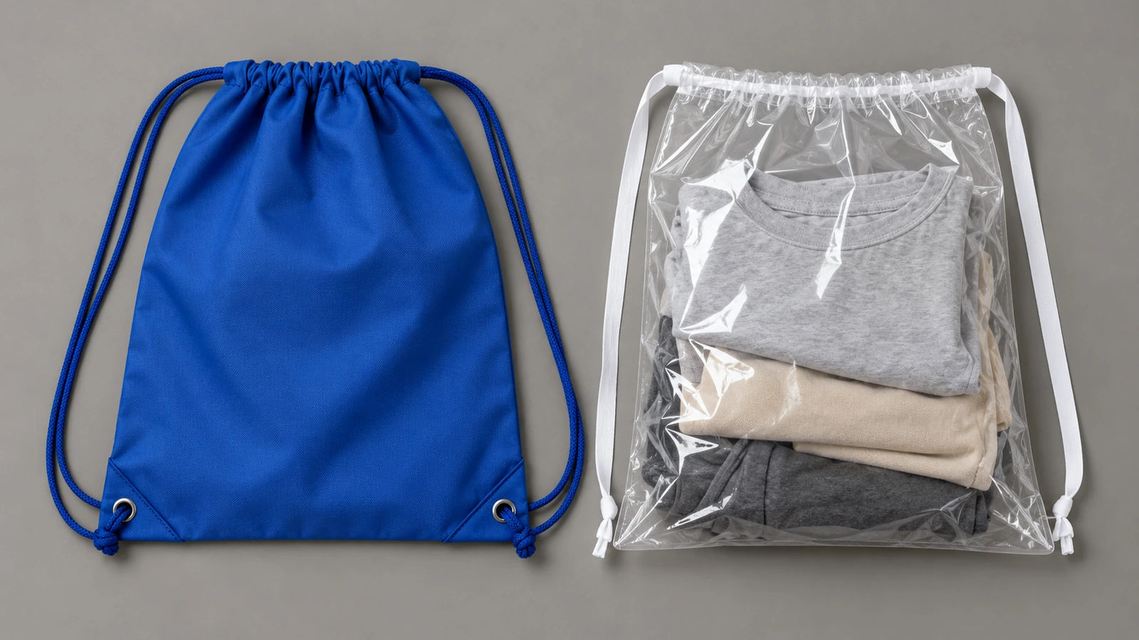 Ransel serut poliester biru dengan tali bahu di samping tas serut film PE bening dengan pita serut, diletakkan datar di permukaan netral