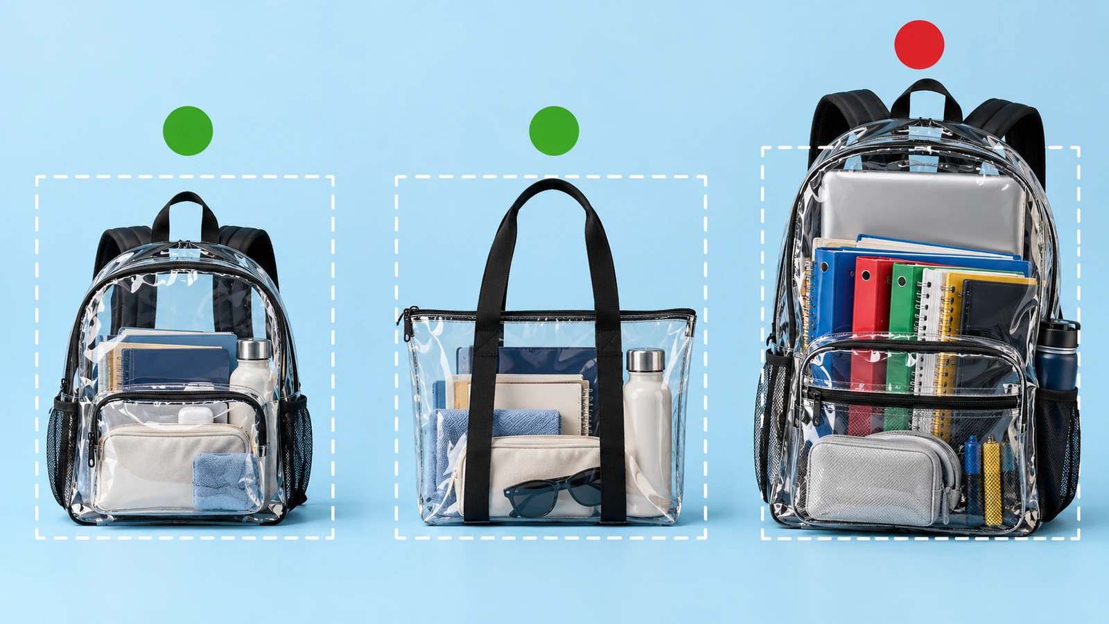 Tiga format tas bening berjajar: ransel bening kompak, tas tote bening, dan ransel bening sekolah berukuran besar, dengan indikator lingkaran hijau dan merah yang menunjukkan mana yang muat di dalam garis ukuran stadion bergaris putus-putus