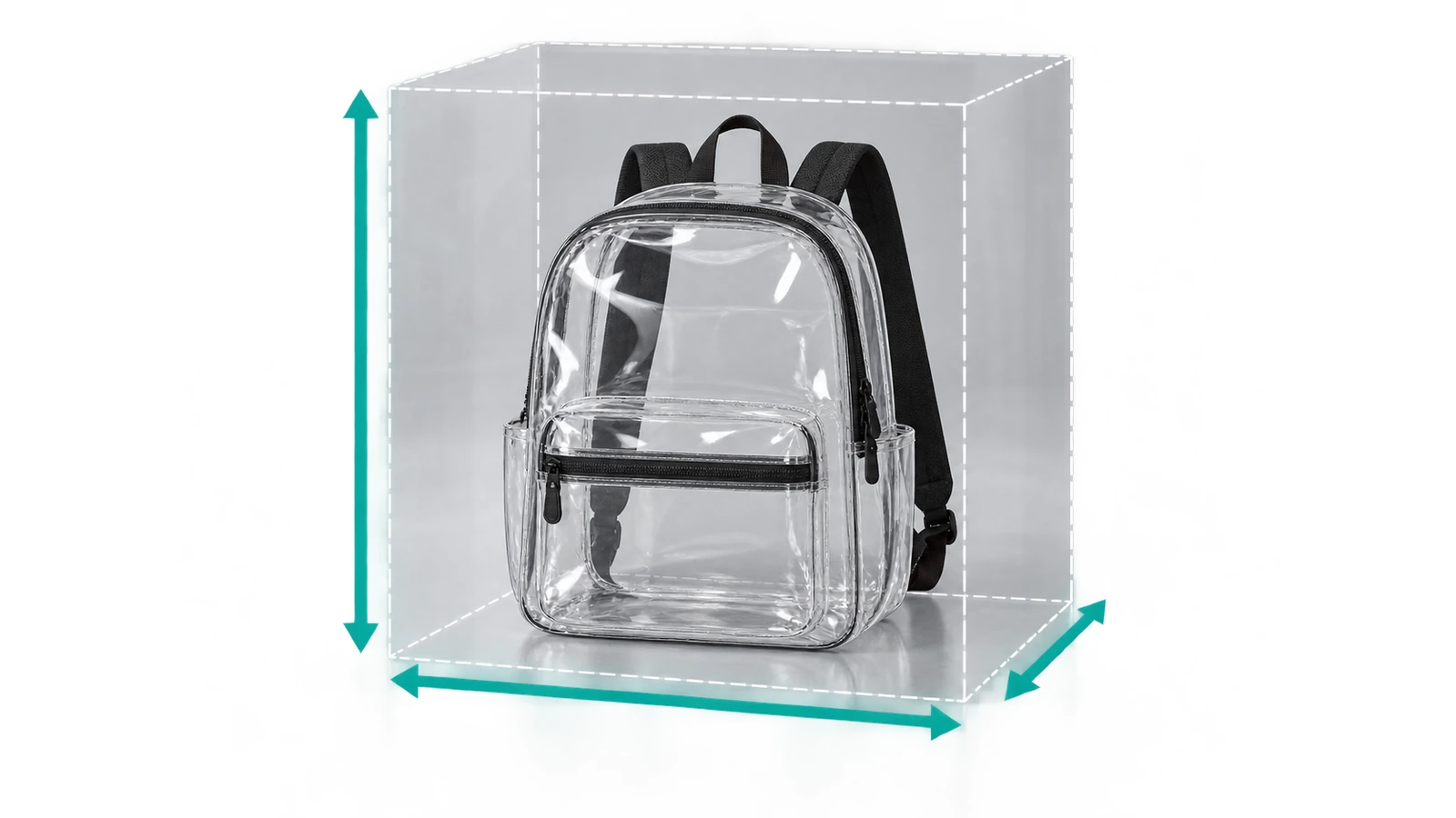Ransel PVC bening diletakkan di dalam kubus transparan bergaris putus-putus yang mewakili batas ukuran stadion 12 x 6 x 12 inci, dengan panah di sepanjang tinggi, lebar, dan kedalaman