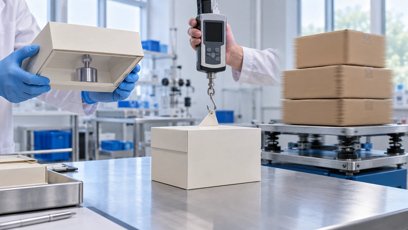 Suasana laboratorium yang menunjukkan boks magnetik berisi dipegang terbalik dengan tutup tetap tertutup, di samping alat ukur gaya genggam yang menarik tutup hingga terbuka dan setumpuk boks di atas meja getar