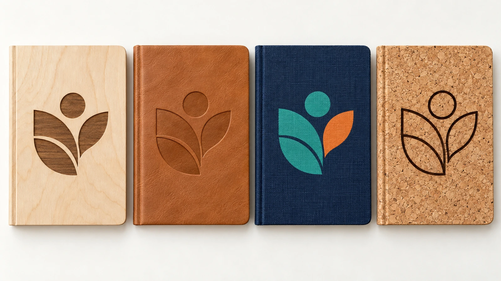 Empat jurnal berdampingan dengan sampul kayu lapis berukir, bergaya kulit dengan tekan cekung, kain cetak warna penuh, dan gabus, masing-masing menampilkan lambang sederhana yang sama