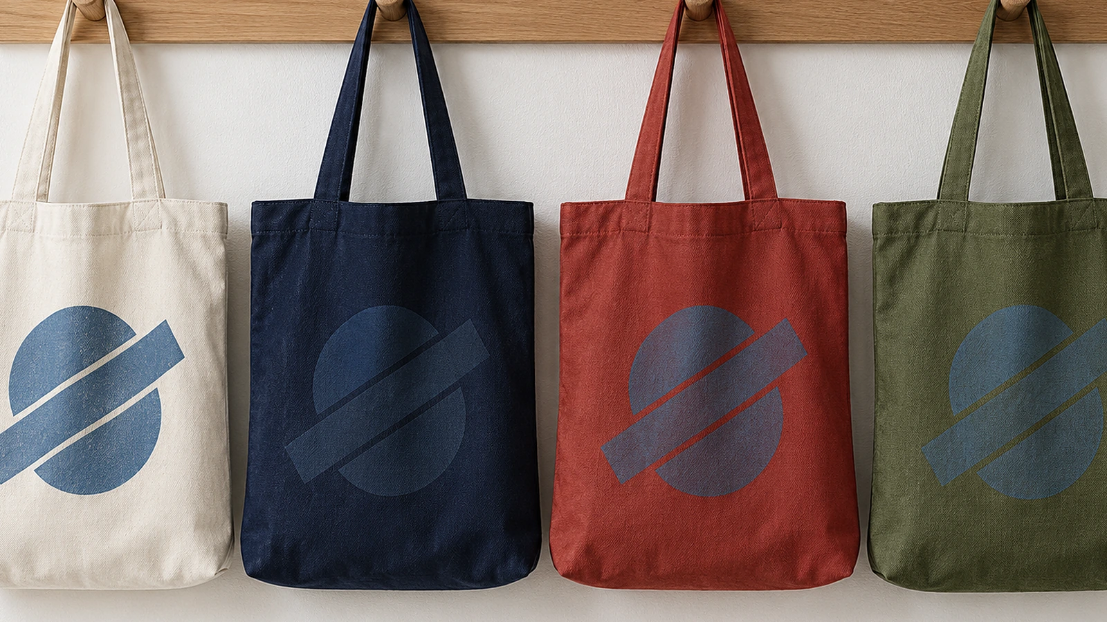 Empat tas tote kanvas berwarna alami, biru tua, merah, dan zaitun, masing-masing dicetak dengan logo geometris sederhana yang sama untuk menunjukkan bagaimana kontras berubah menurut warna tas