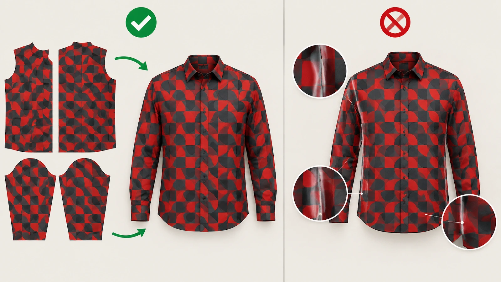 Perbandingan panel sublimasi potong-jahit dengan warna menyambung dan garmen jadi yang dipres dengan garis pucat di jahitan dan lipatan ketiak