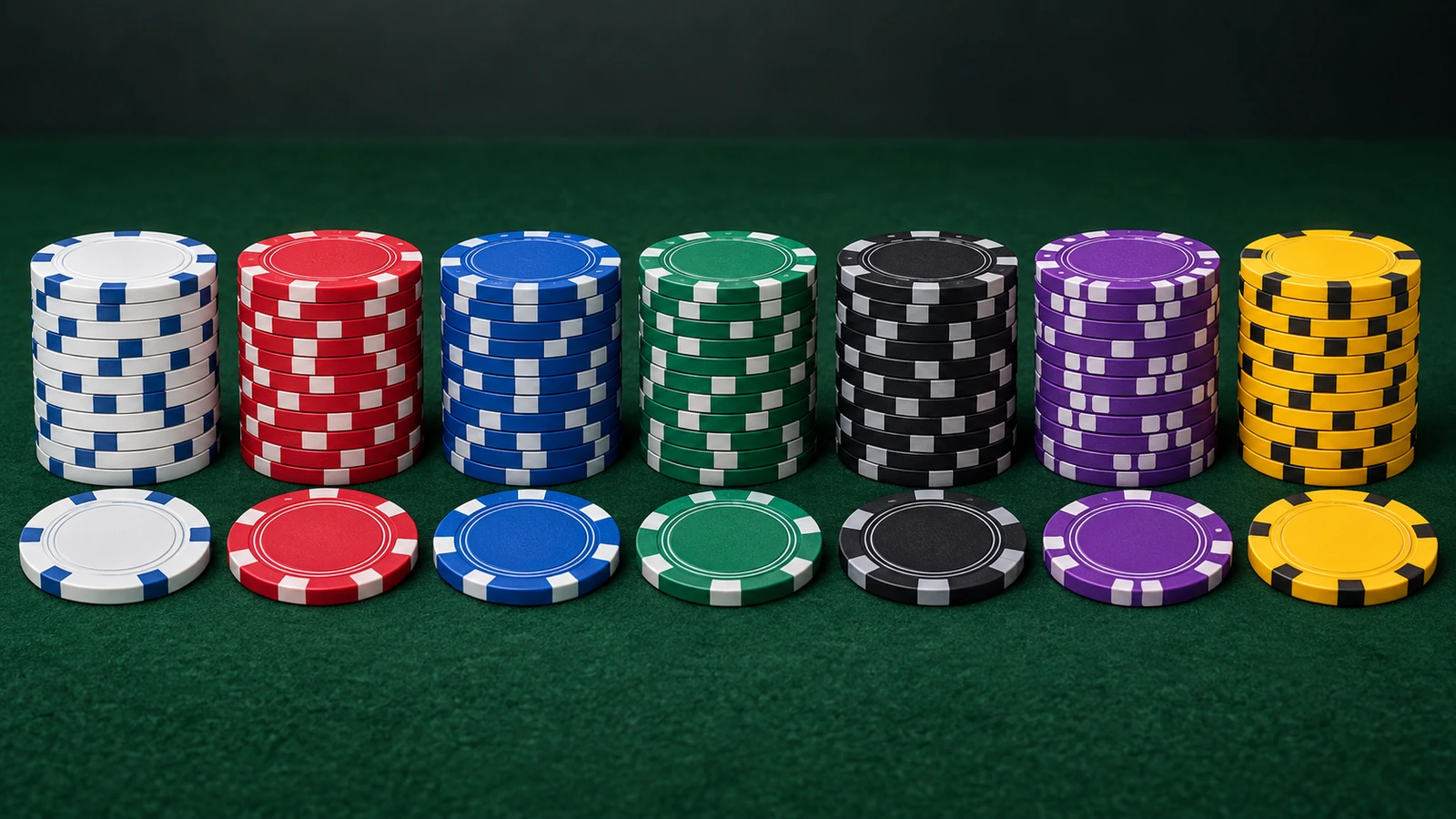 Tujuh tumpukan chip poker berjajar dari warna paling terang ke paling gelap dalam warna konvensional: putih, merah, biru, hijau, hitam, ungu, dan kuning