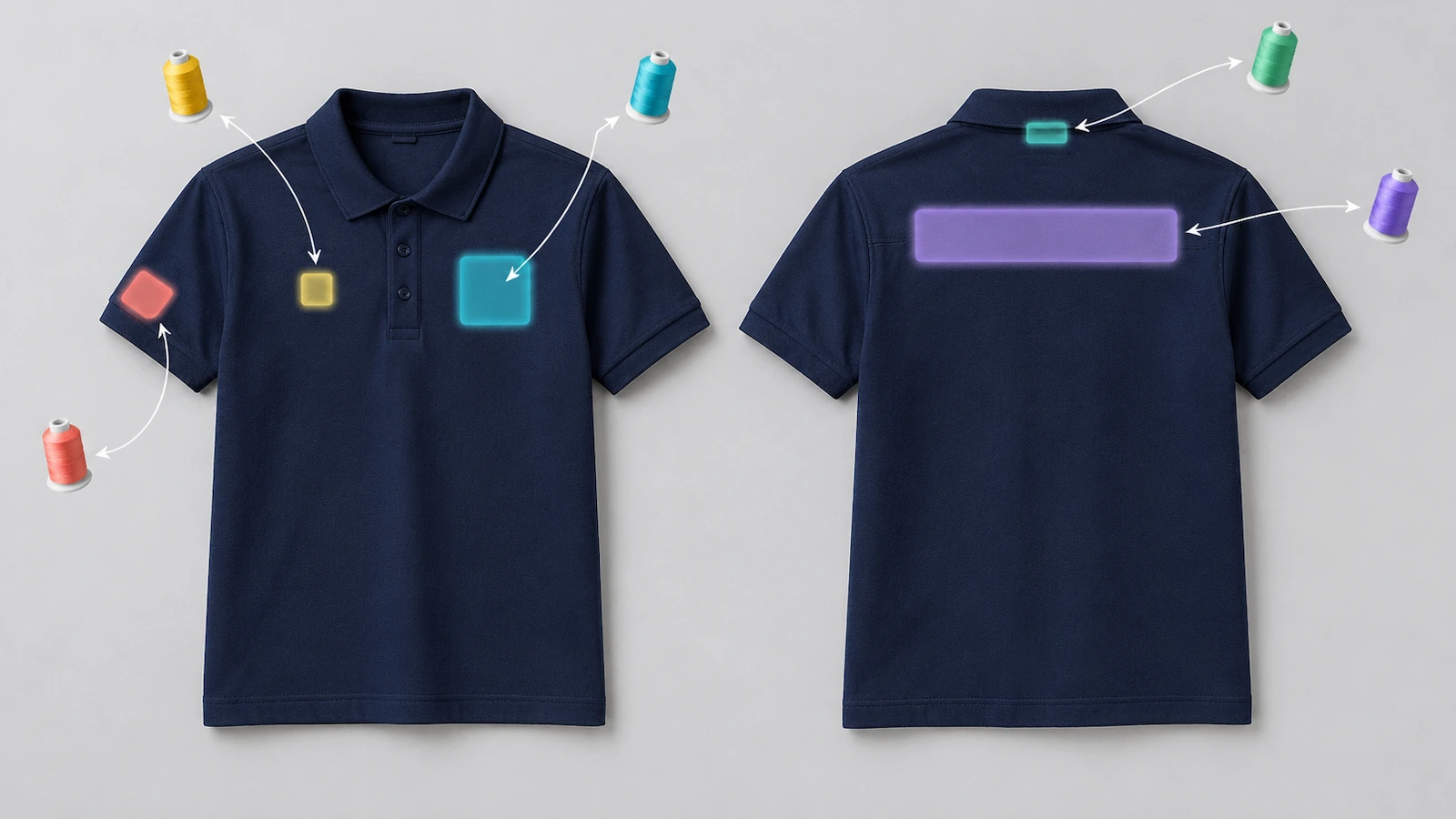 Kaus polo piqué katun biru dongker tampak depan dan belakang dengan zona bordir yang disorot di dada kiri, dada kanan, lengan, yoke belakang, dan tengkuk belakang