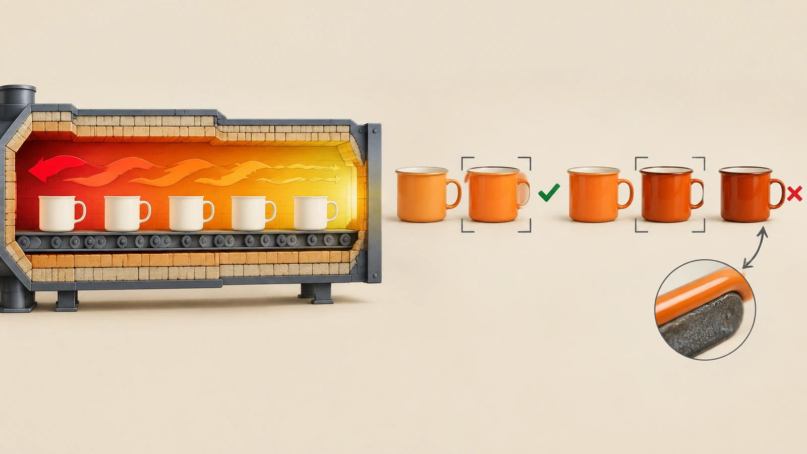 Ilustrasi tungku enamel dengan panah yang menunjukkan variasi panas, dan deretan mug oranye yang bergeser bertahap dari nuansa lebih terang ke lebih gelap