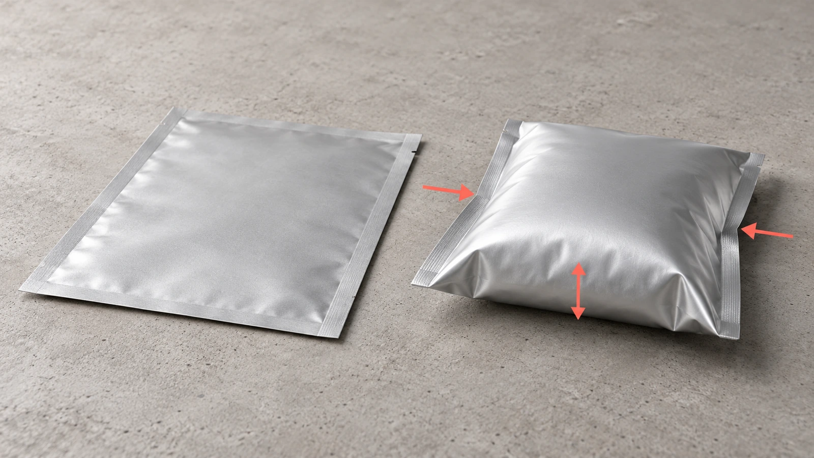 Tampak samping kantong datar kosong di samping kantong terisi berbentuk bantal, menunjukkan bagaimana pengisian menambah ketebalan dan mengecilkan area datar