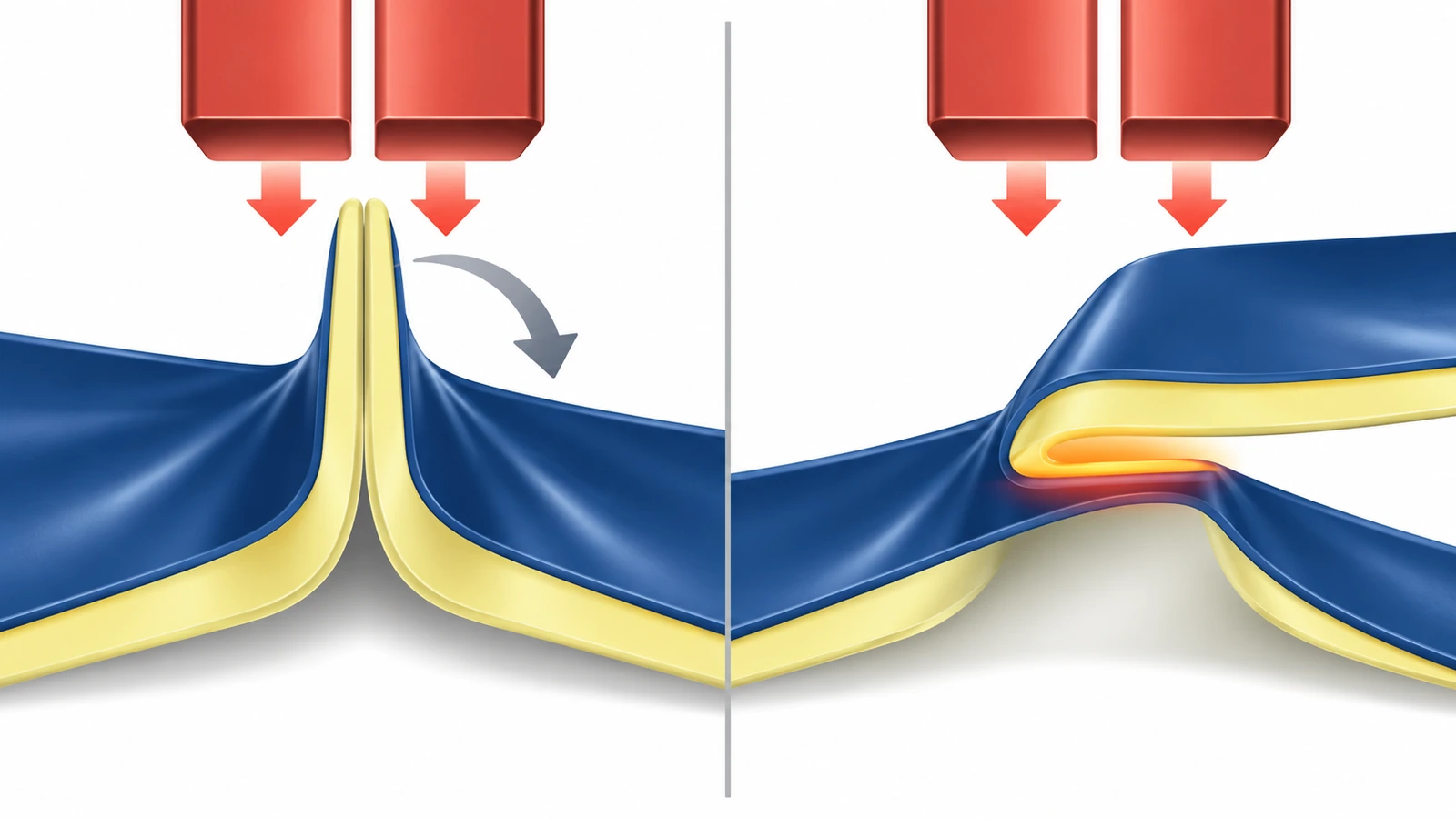 Diagram potongan melintang yang membandingkan segel sirip, tempat lapisan dalam bertemu dan terlipat, dengan segel tumpang, tempat lapisan dalam menumpang di atas permukaan luar
