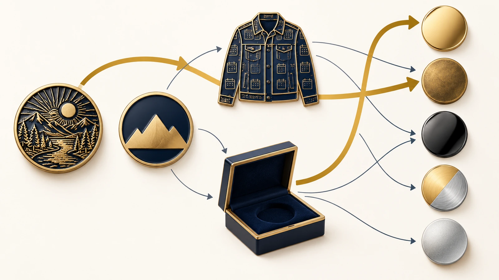 Diagram alur keputusan dengan bentuk dan panah yang mengarah dari detail desain dan frekuensi pemakaian ke finishing pin yang direkomendasikan