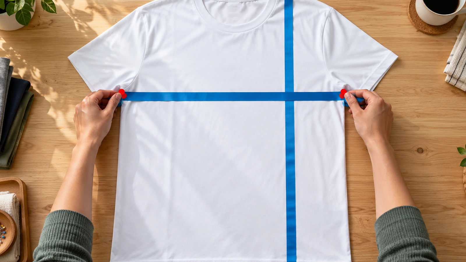 Tangan mengukur kaus poliester unisex putih yang terbentang rata dengan pita kain polos melintang di bagian dada