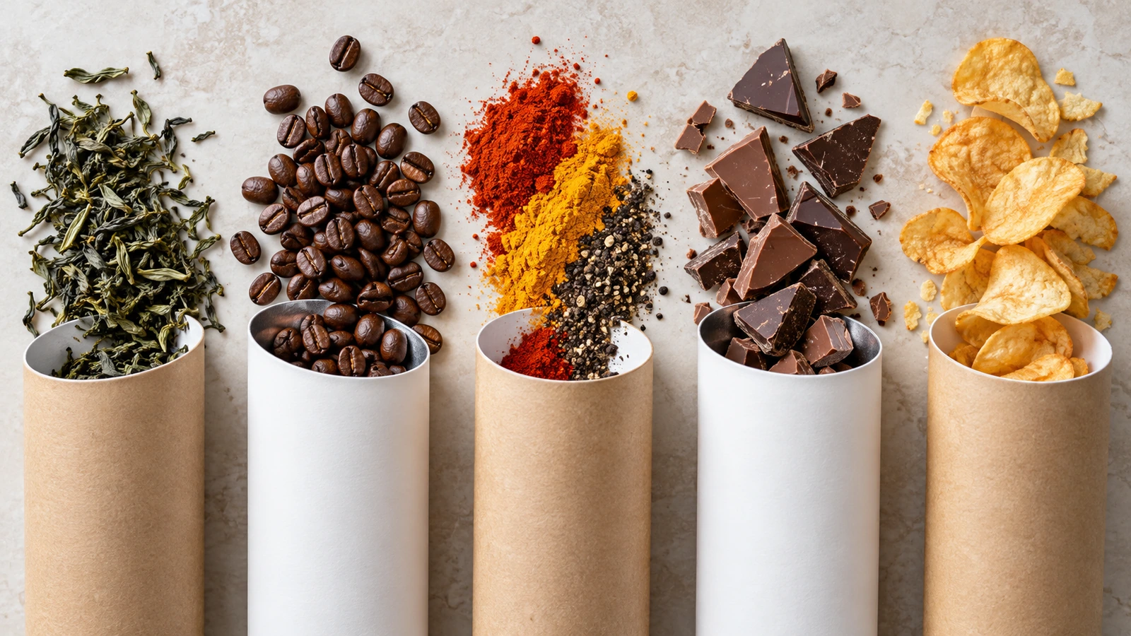 Tabung karton kraft dan putih polos tanpa cetakan ditata bersama daun teh lepas, biji kopi sangrai, rempah bubuk berwarna-warni, potongan cokelat, dan keripik camilan di atas permukaan netral