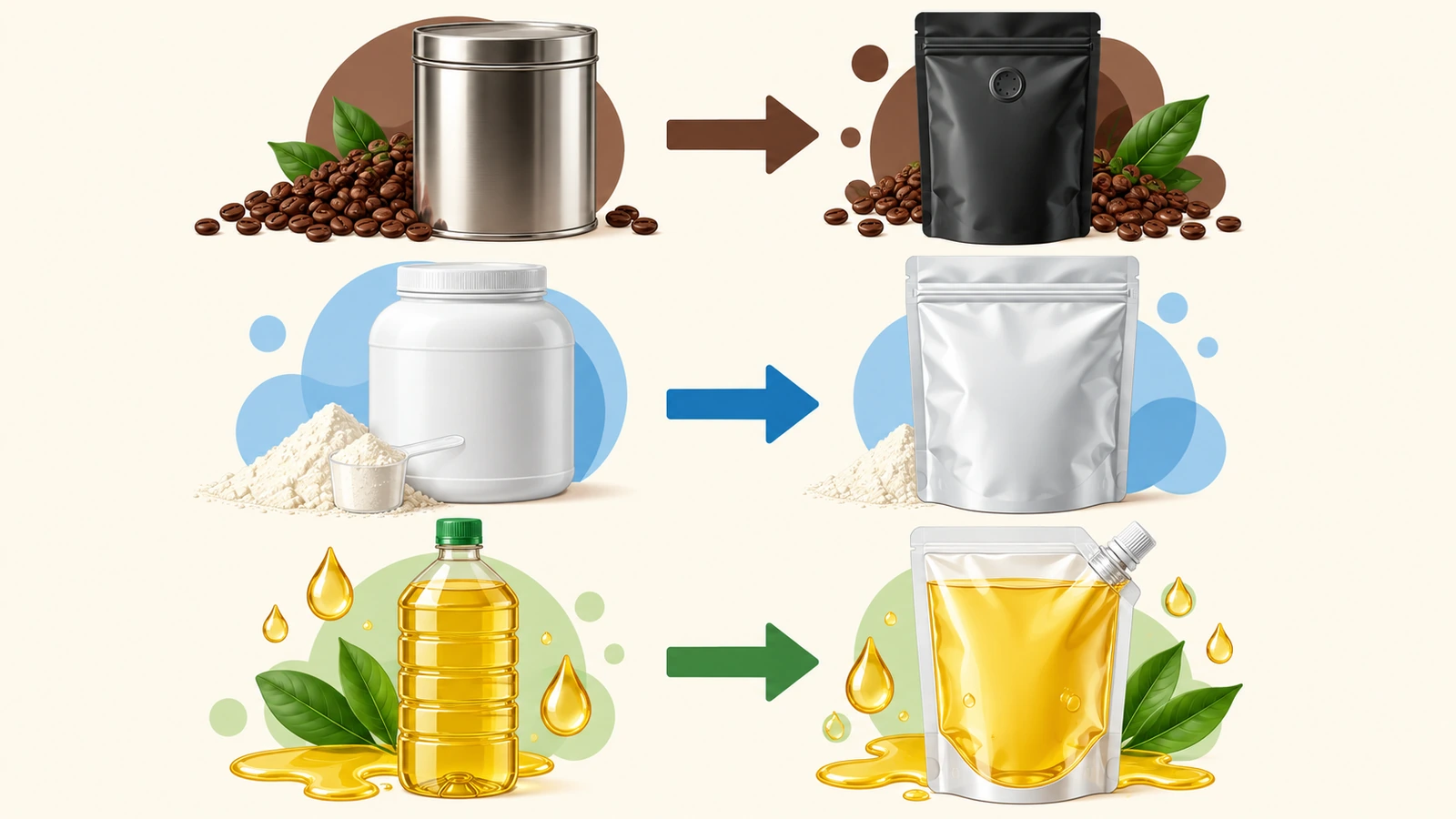 Diagram pemetaan yang menghubungkan kaleng kopi ke kantong berkatup, wadah tub bubuk ke kantong zipper lebar, dan botol cairan ke kantong ber-spout dengan panah berwarna