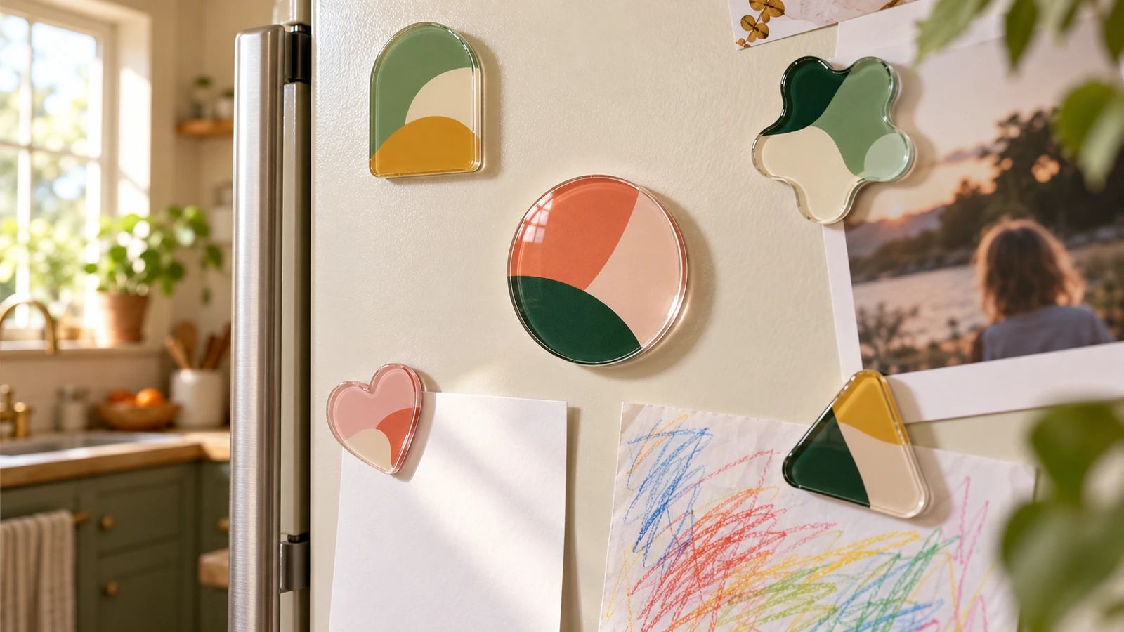 Pintu kulkas dengan beberapa magnet promosi akrilik bening yang menahan kertas kosong dan foto keluarga, menunjukkan bagaimana magnet bisnis berbagi ruang dengan barang pribadi