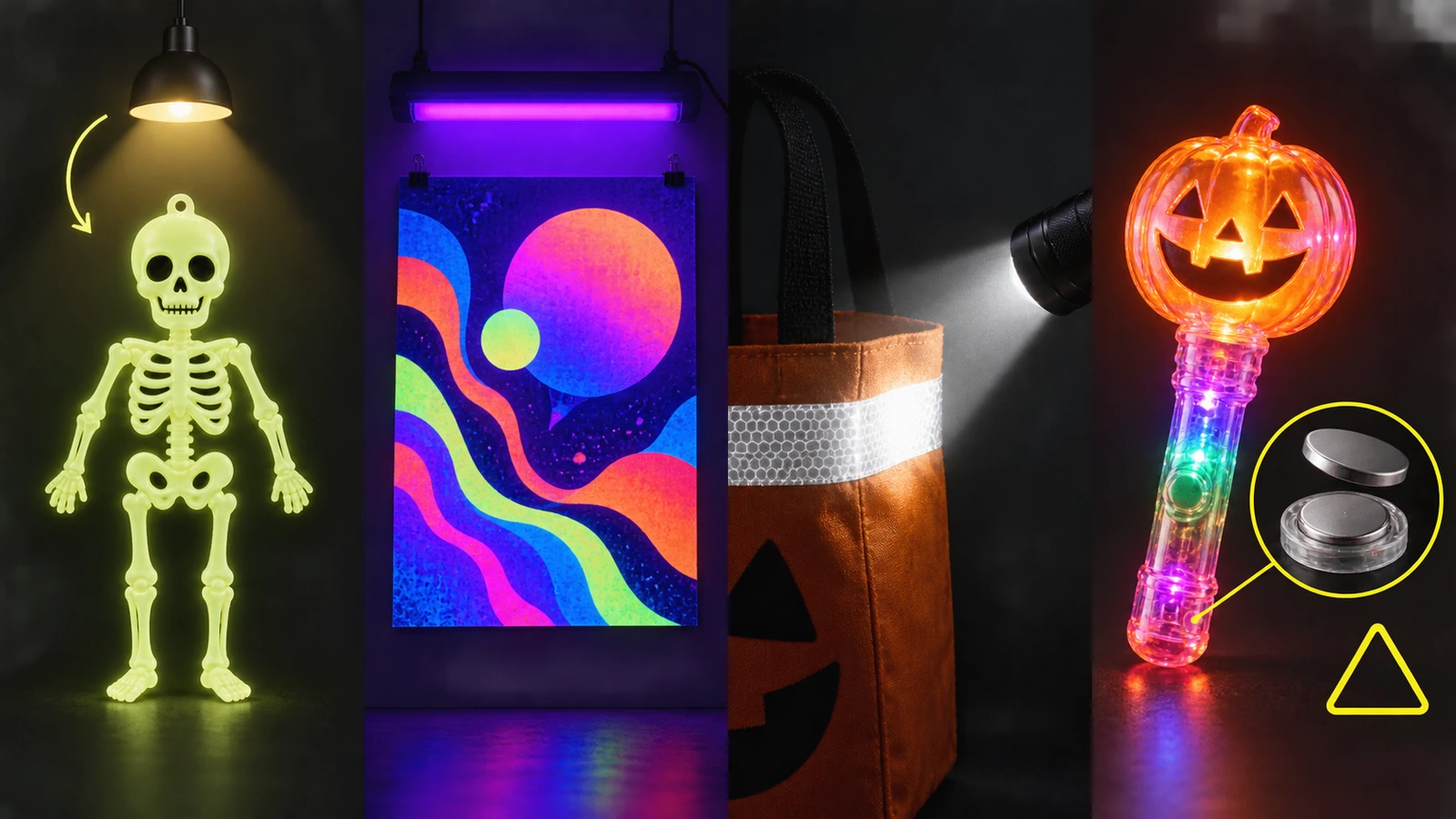 Ilustrasi 4 panel yang membandingkan stiker berpendar, cetakan yang disinari lampu UV, strip reflektif yang disinari berkas senter, dan mainan berlampu bertenaga baterai
