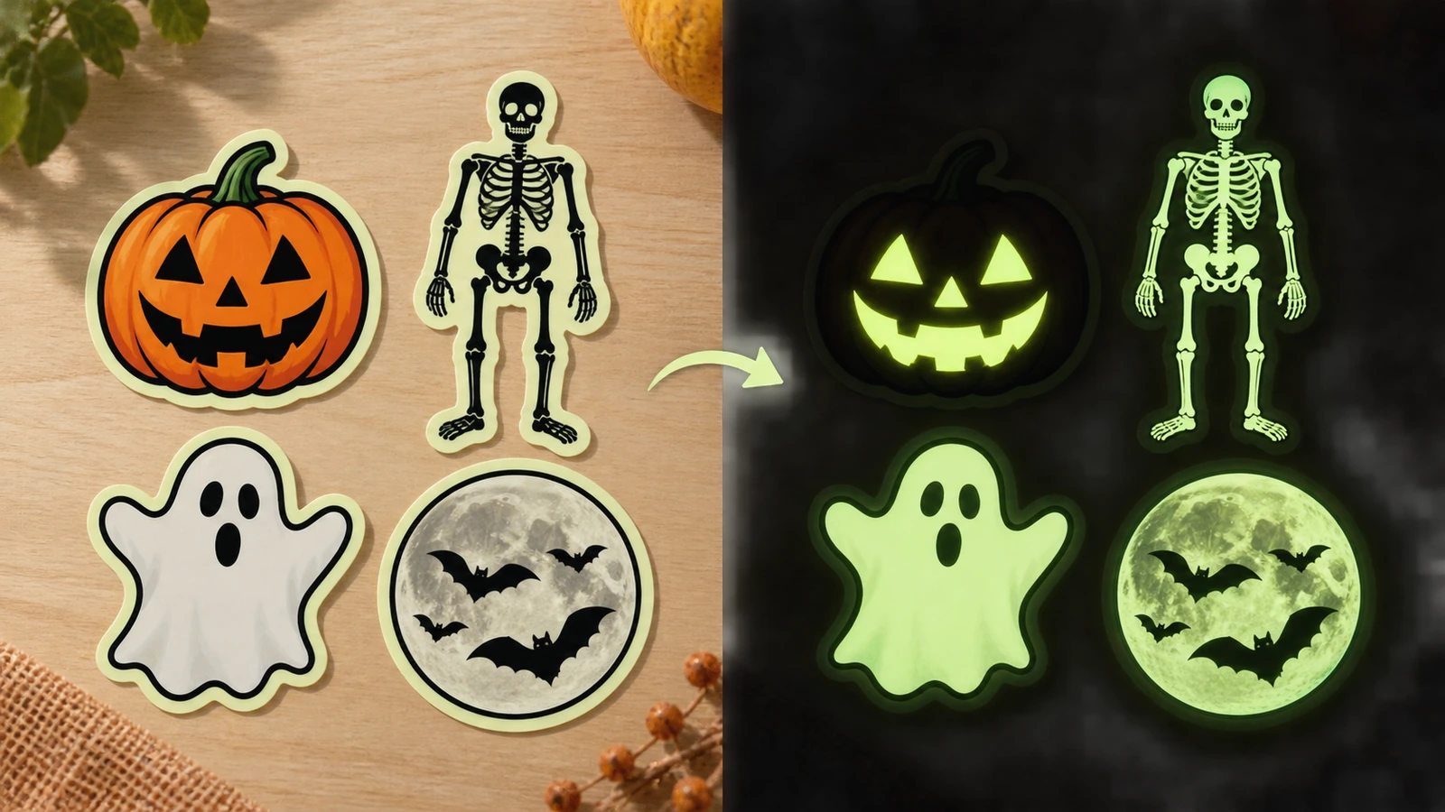 Stiker Halloween menyala dalam gelap ditampilkan pada siang hari dengan gambar labu, hantu, dan kerangka berwarna penuh, dan dalam gelap dengan hanya area tanpa cetakan yang berpendar hijau
