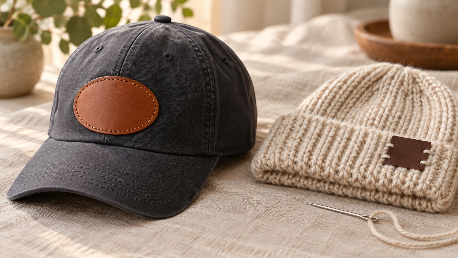 Topi berstruktur dan beanie rajut terlipat berdampingan, memperlihatkan emblem kulit yang dijahit pada panel depan topi dan label lipat yang dijahit tangan pada manset beanie