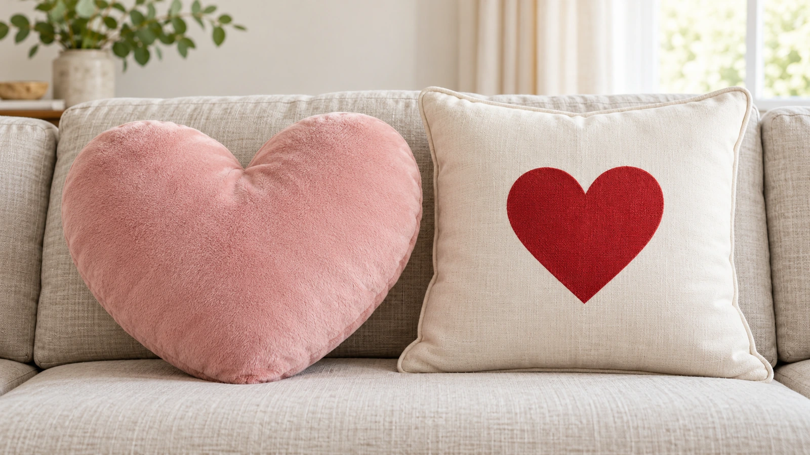 Bantal berbentuk hati die-cut yang empuk di samping bantal persegi bermotif hati di atas sofa linen netral