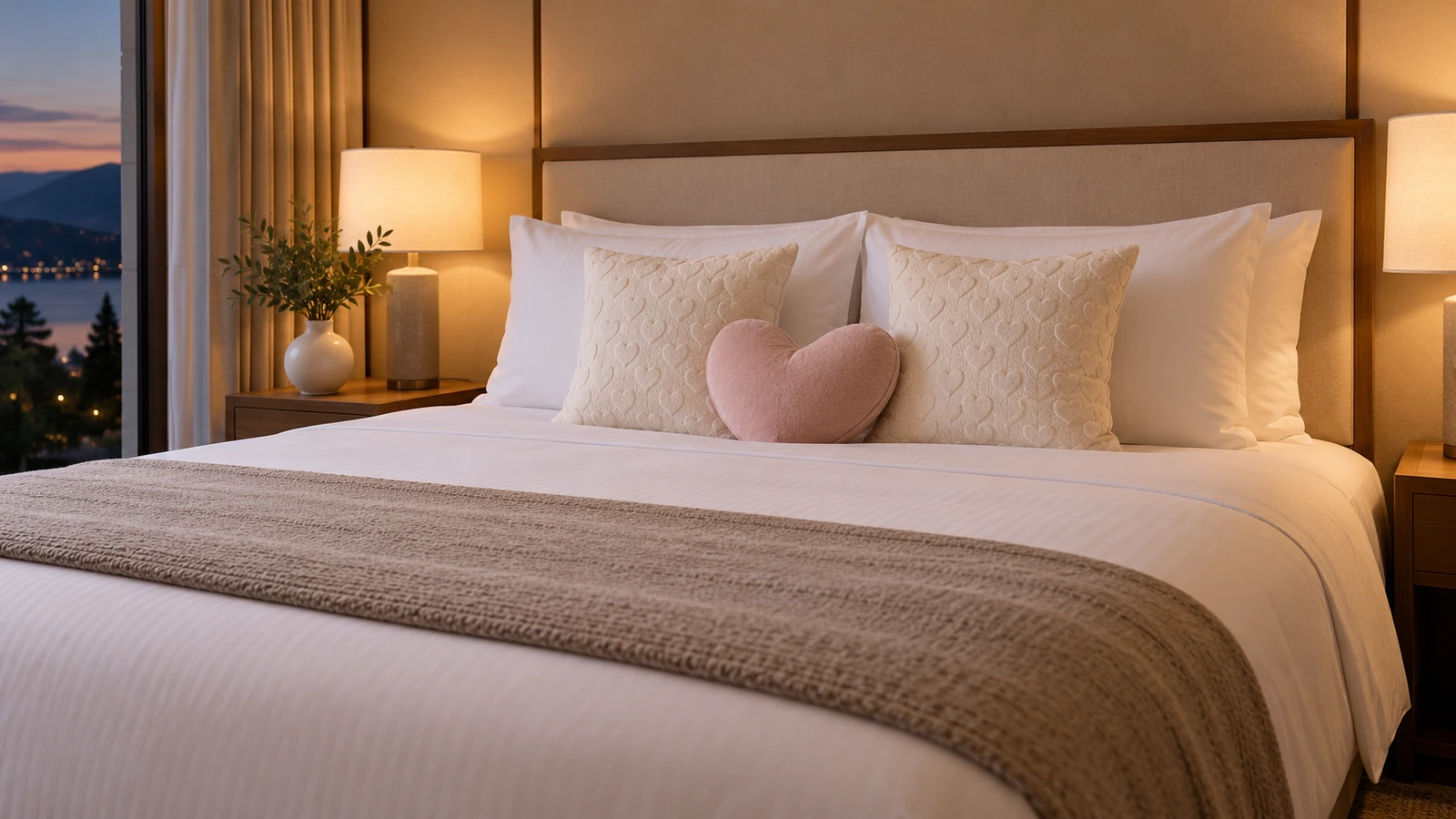 Tempat tidur suite hotel dengan bantal tidur putih, dua bantal hias persegi dengan pola hati halus, dan satu aksen hati die-cut kecil di tengah