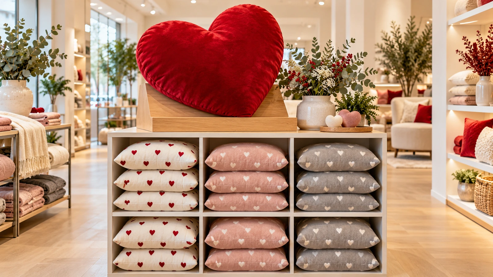 Rak ujung ritel dengan satu bantal hati merah besar di atas penyangga miring, di atas tumpukan rapi bantal hias persegi bermotif hati kecil