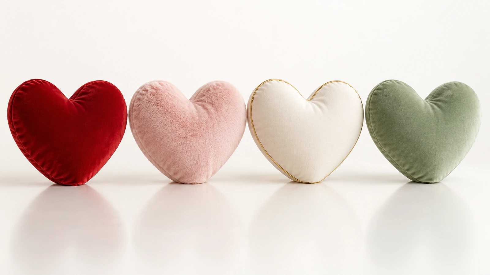 Empat bantal hati die-cut dengan siluet yang sama berjajar dalam palet musiman: merah tua, merah muda blush, gading dengan emas, dan sage lembut