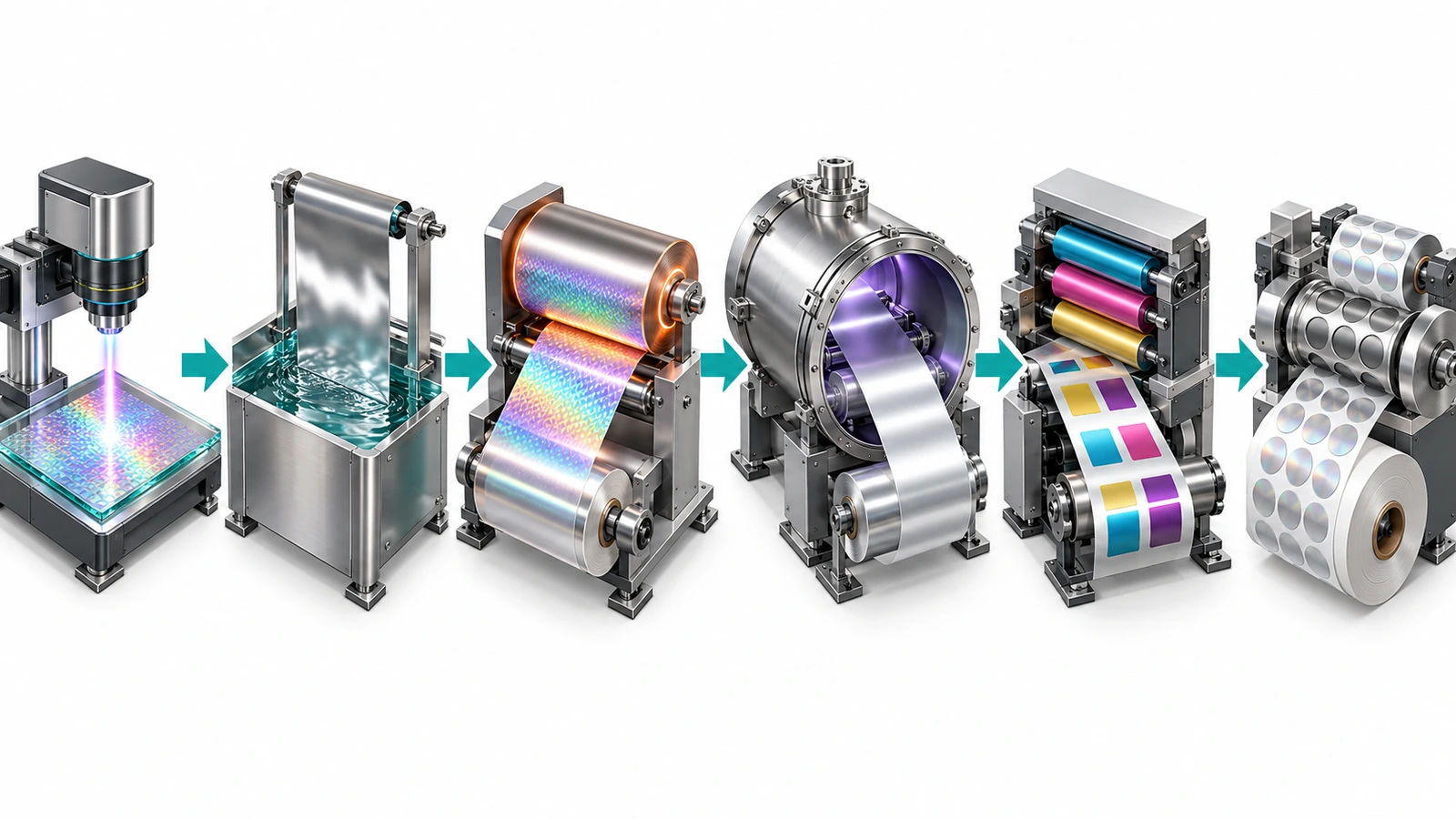 Alur produksi pencetakan stiker hologram dari master optik ke shim nikel, rol embossing, ruang metalisasi, mesin cetak, dan label potong die