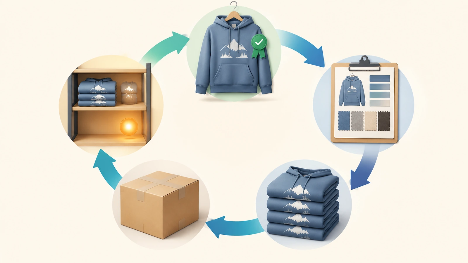 Siklus pesanan ulang untuk merek hoodie: sampel acuan yang disetujui, spesifikasi terkunci, putaran produksi, pengiriman, dan pemicu pengisian ulang stok