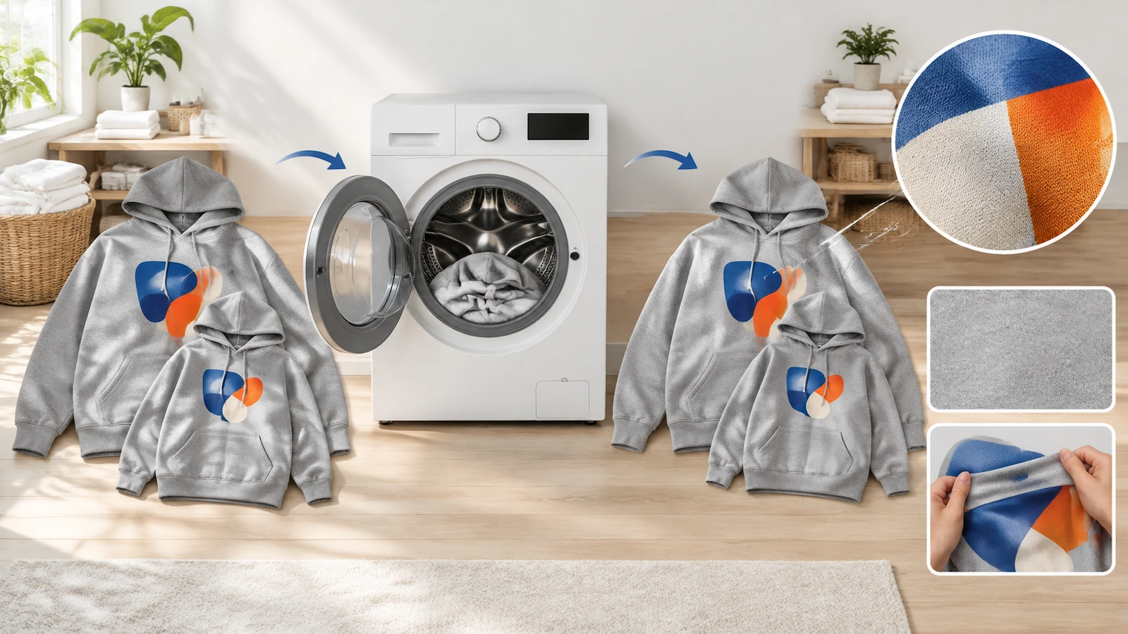 Hoodie sampel ukuran kecil dan besar dibandingkan sebelum dan sesudah uji cuci untuk memeriksa penyusutan dan keretakan cetakan