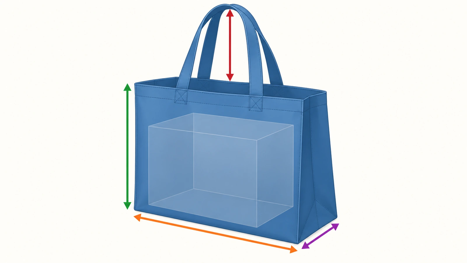 Diagram tas belanja guna ulang berukuran besar dengan panah berwarna yang menandai lebar, tinggi, kedalaman lipatan samping, dan juntai pegangan