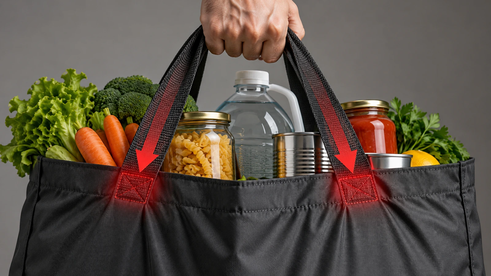 Tas belanja nilon besar berisi belanjaan berat, dengan panah yang menunjukkan tegangan terpusat di tempat pegangan menyambung ke badan tas